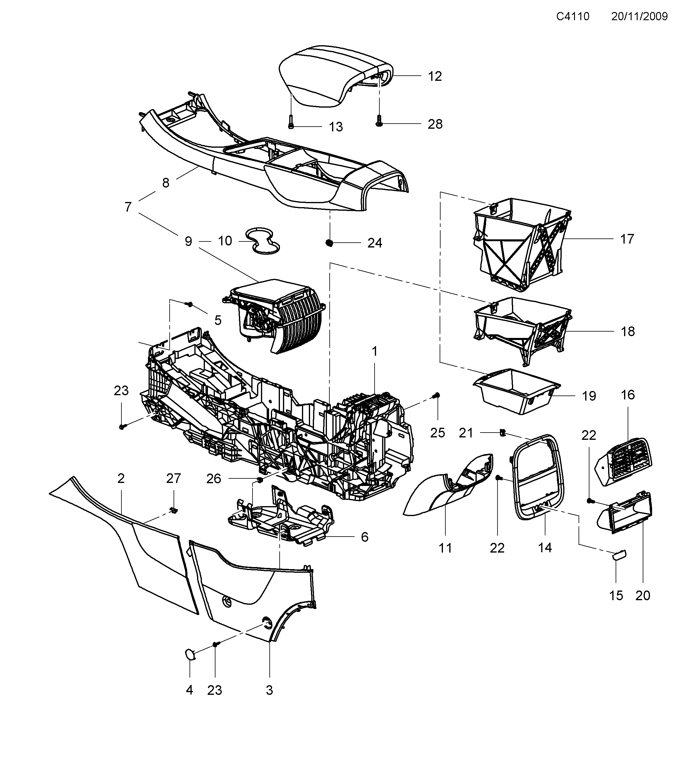 Saab 9-5 (650) Centre console diagram