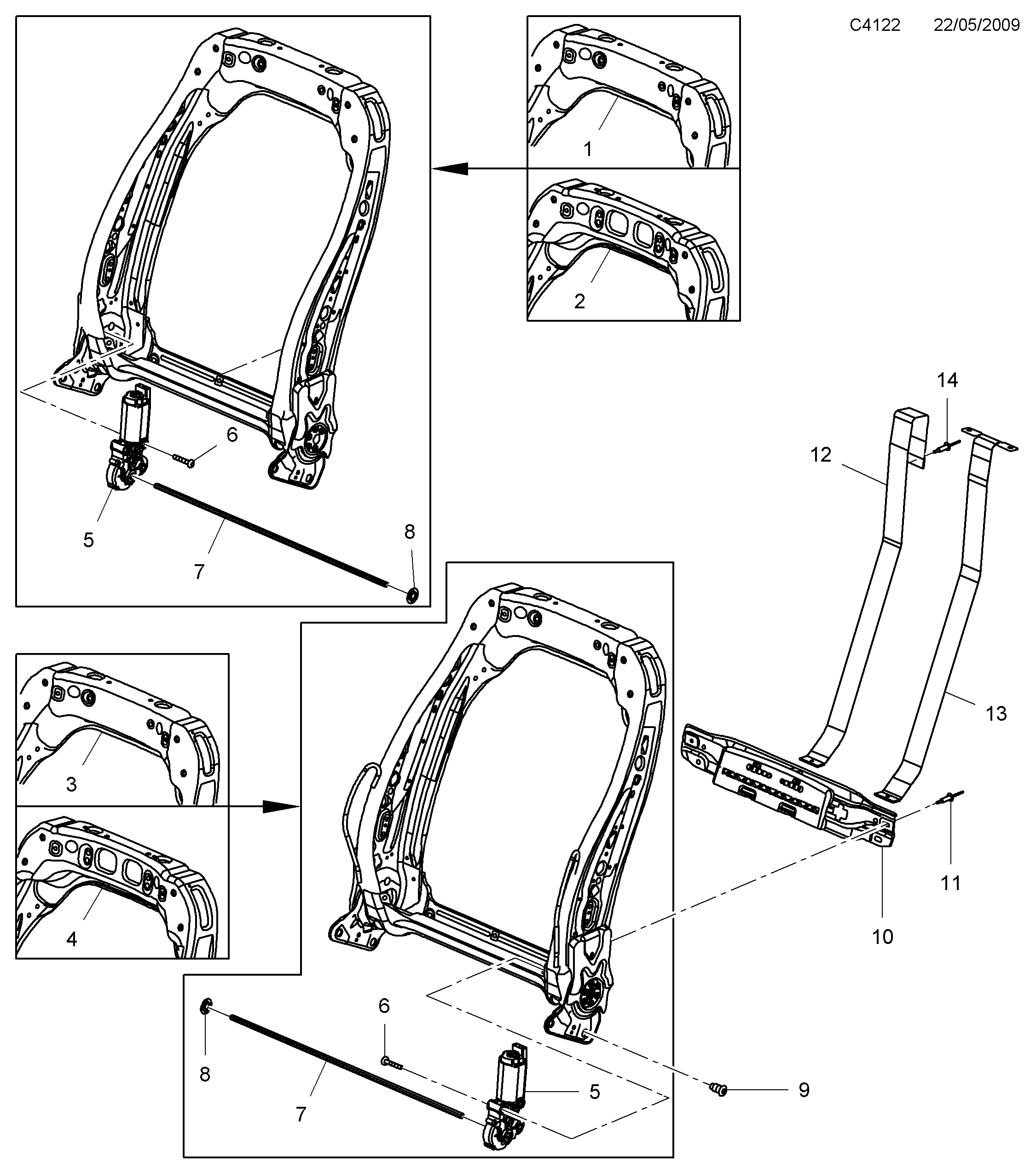 Saab 9-5 (650) Backrest frame Electric diagram