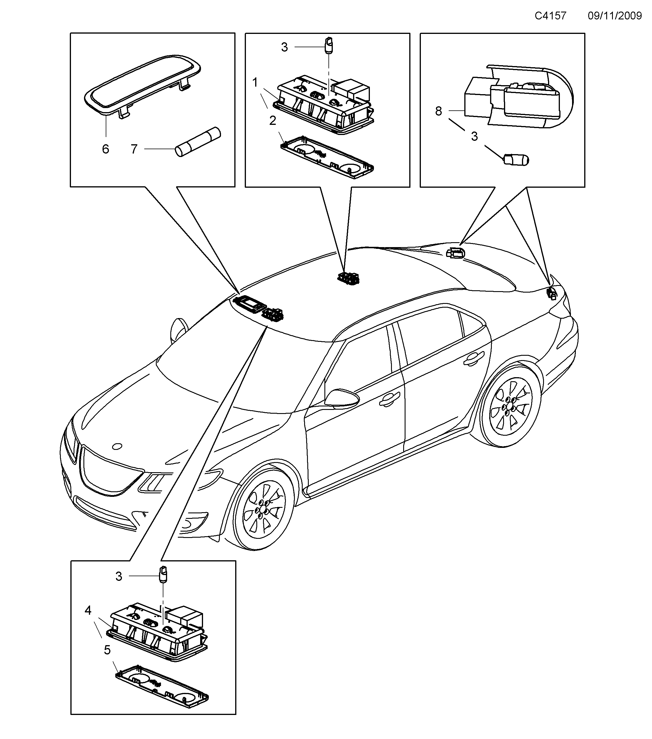 Saab 9-5 (650) Interior lighting Roof and Rear diagram