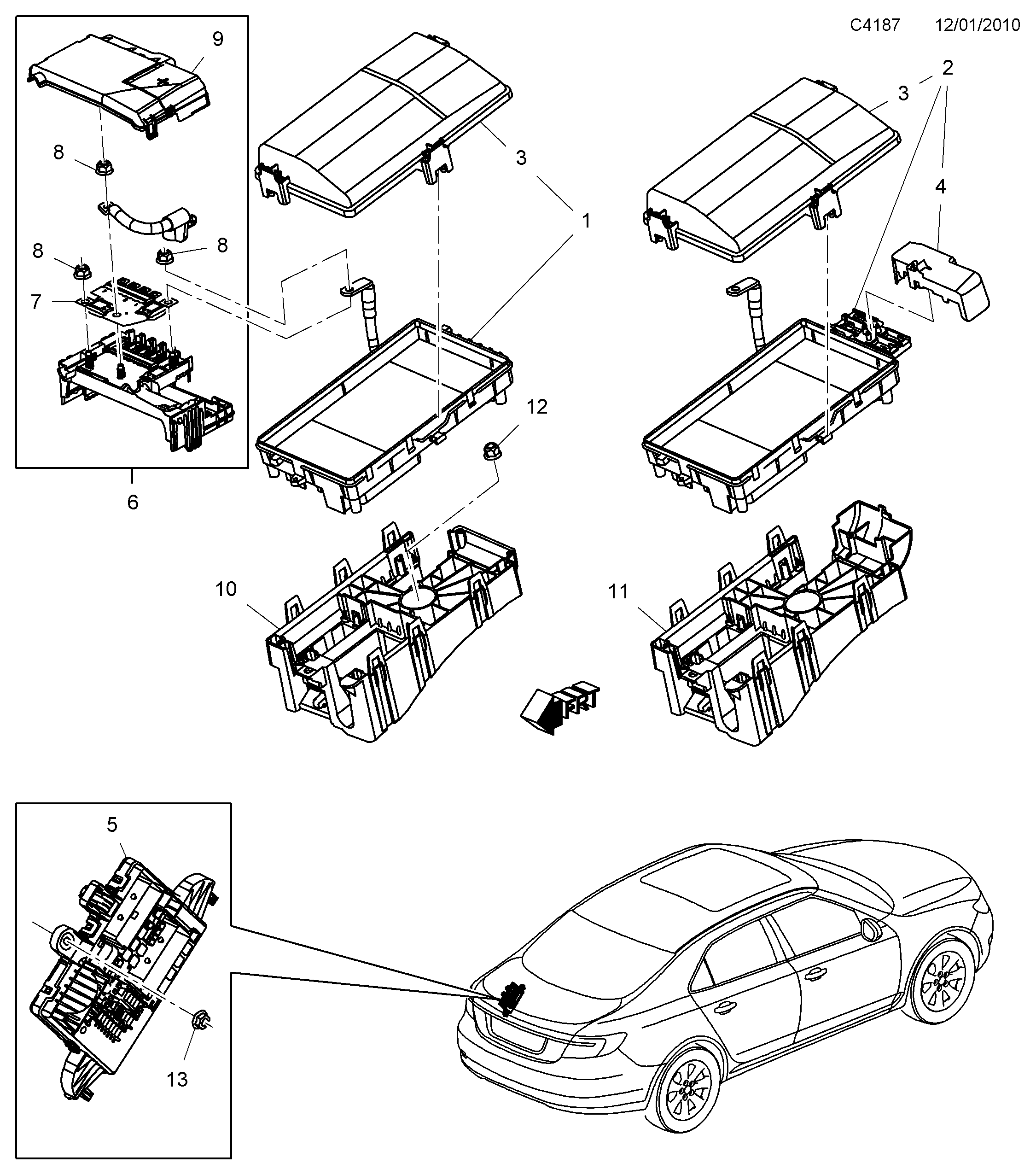 Saab 9-5 (650) Relays and fuses Front diagram