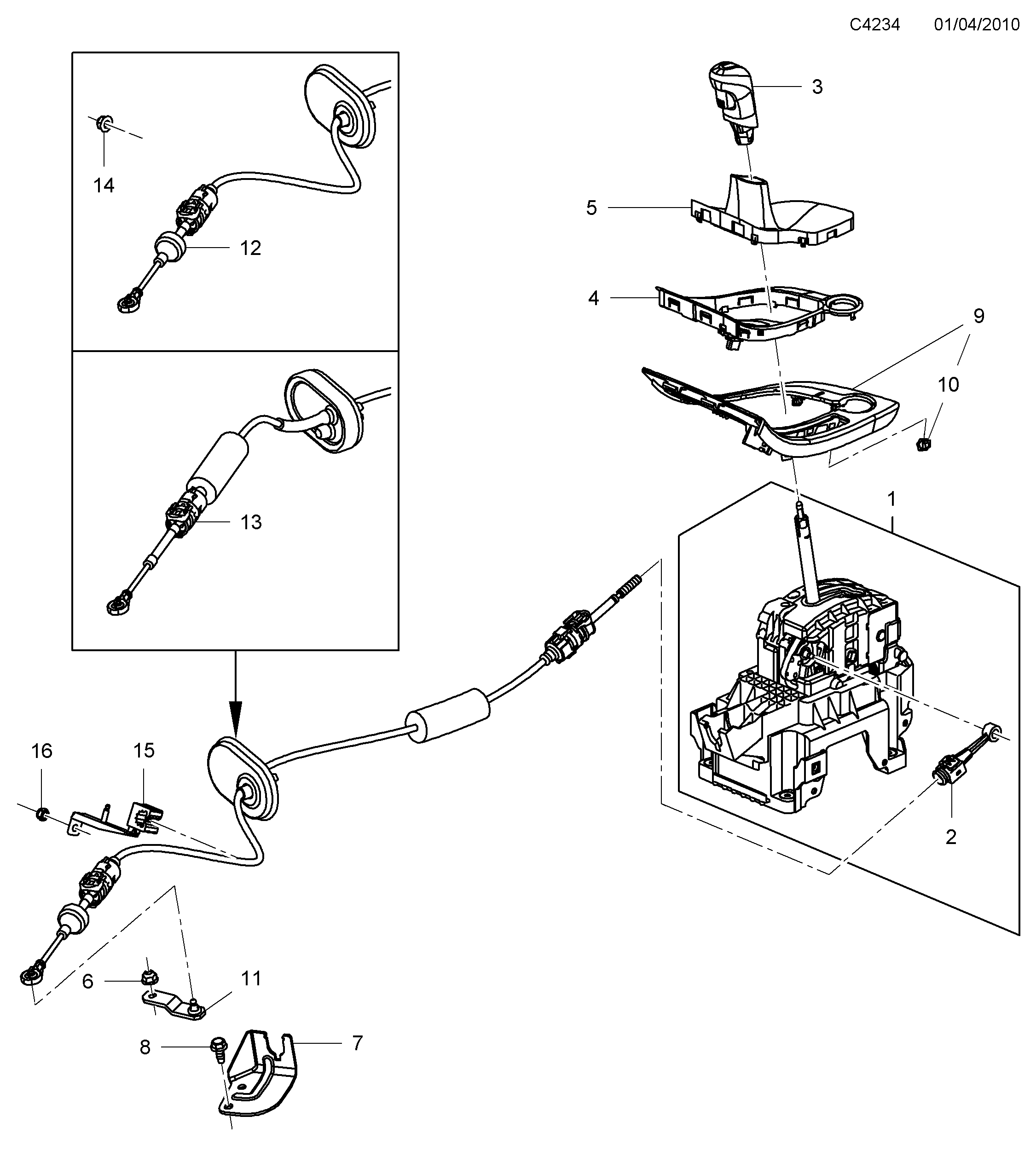 Saab 9-5 (650) Gear selector lever diagram