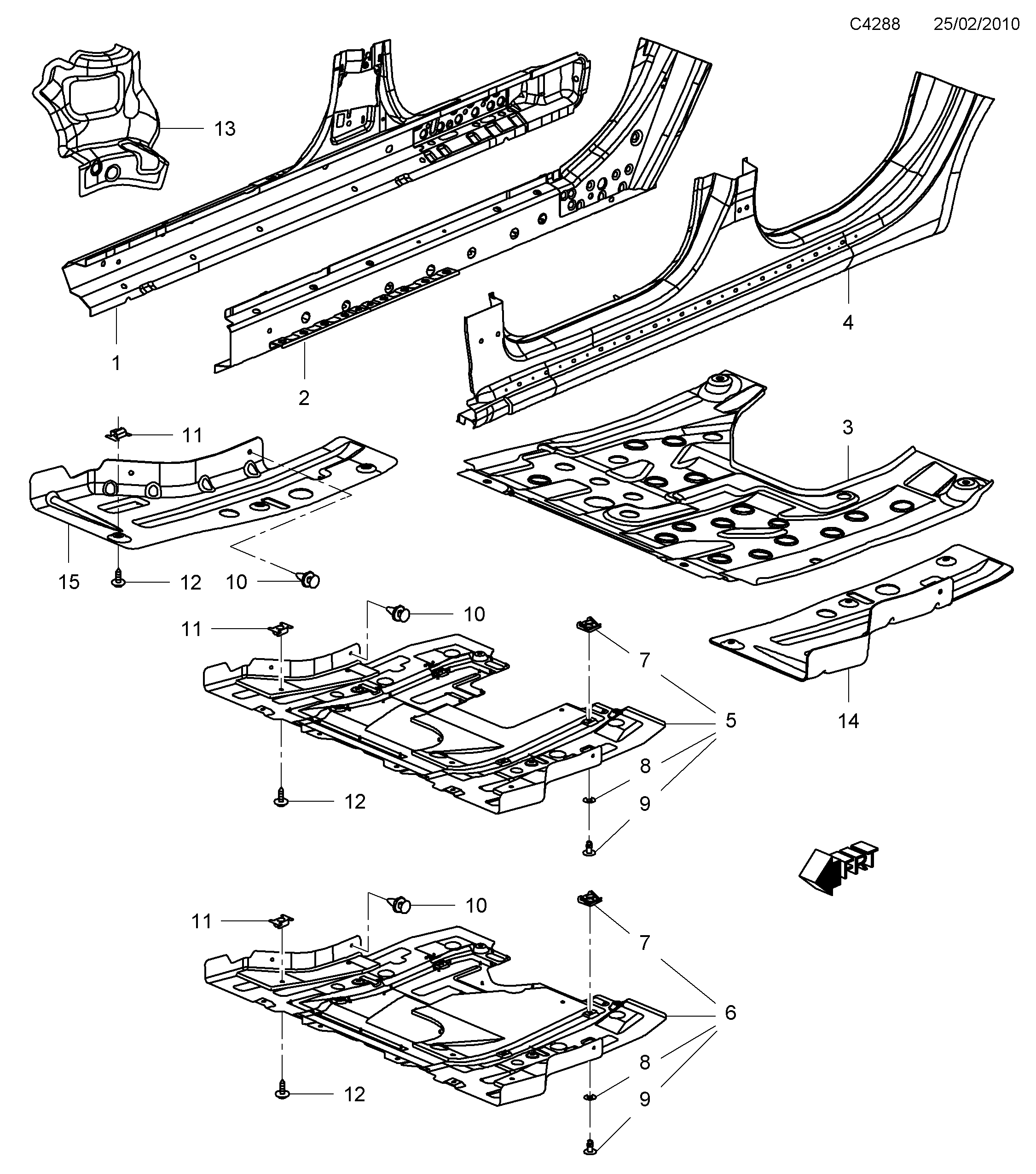 Saab 9-5 (650) Front and centre floor diagram