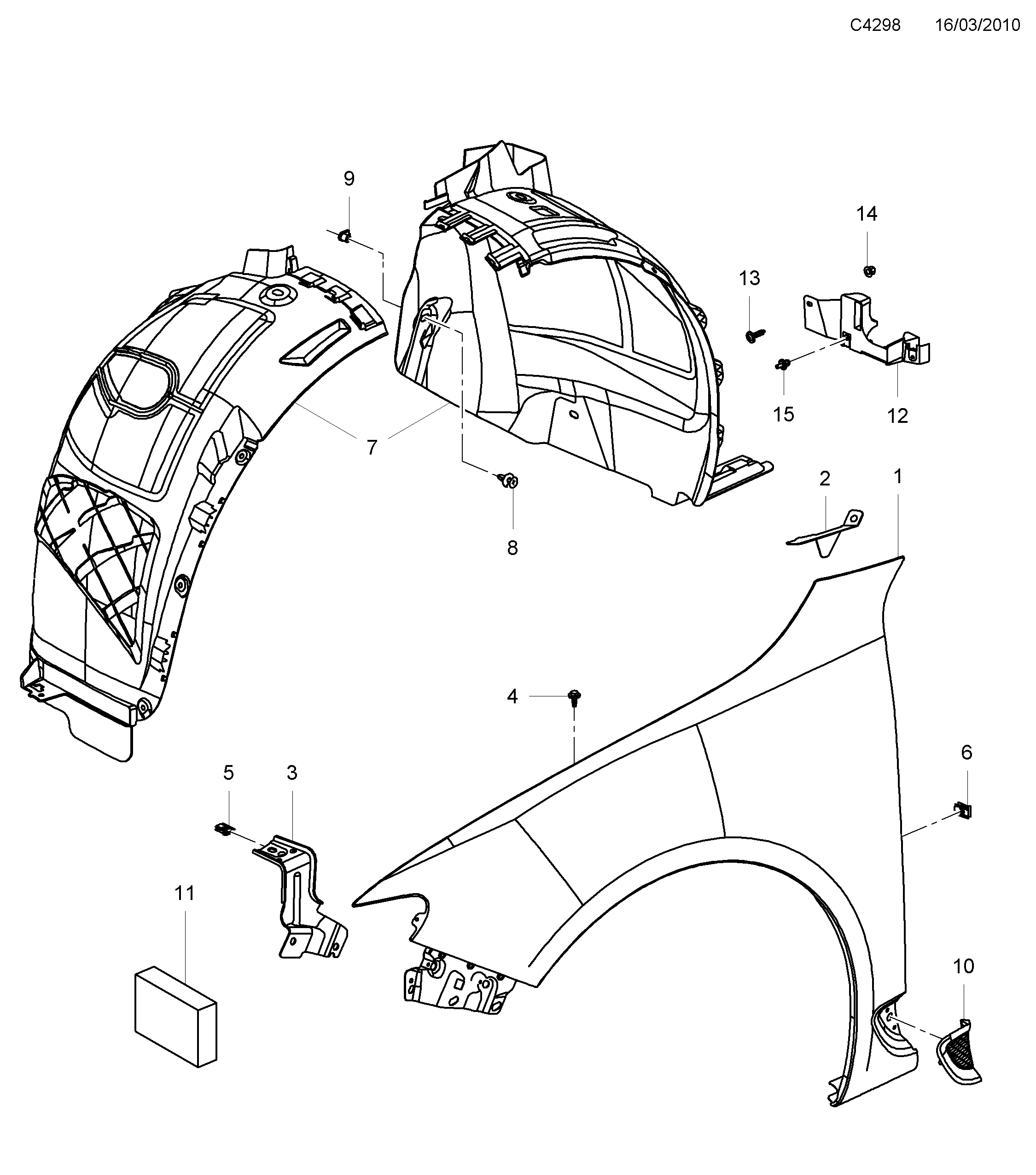Saab 9-5 (650) Front fender Wheel arch liner diagram