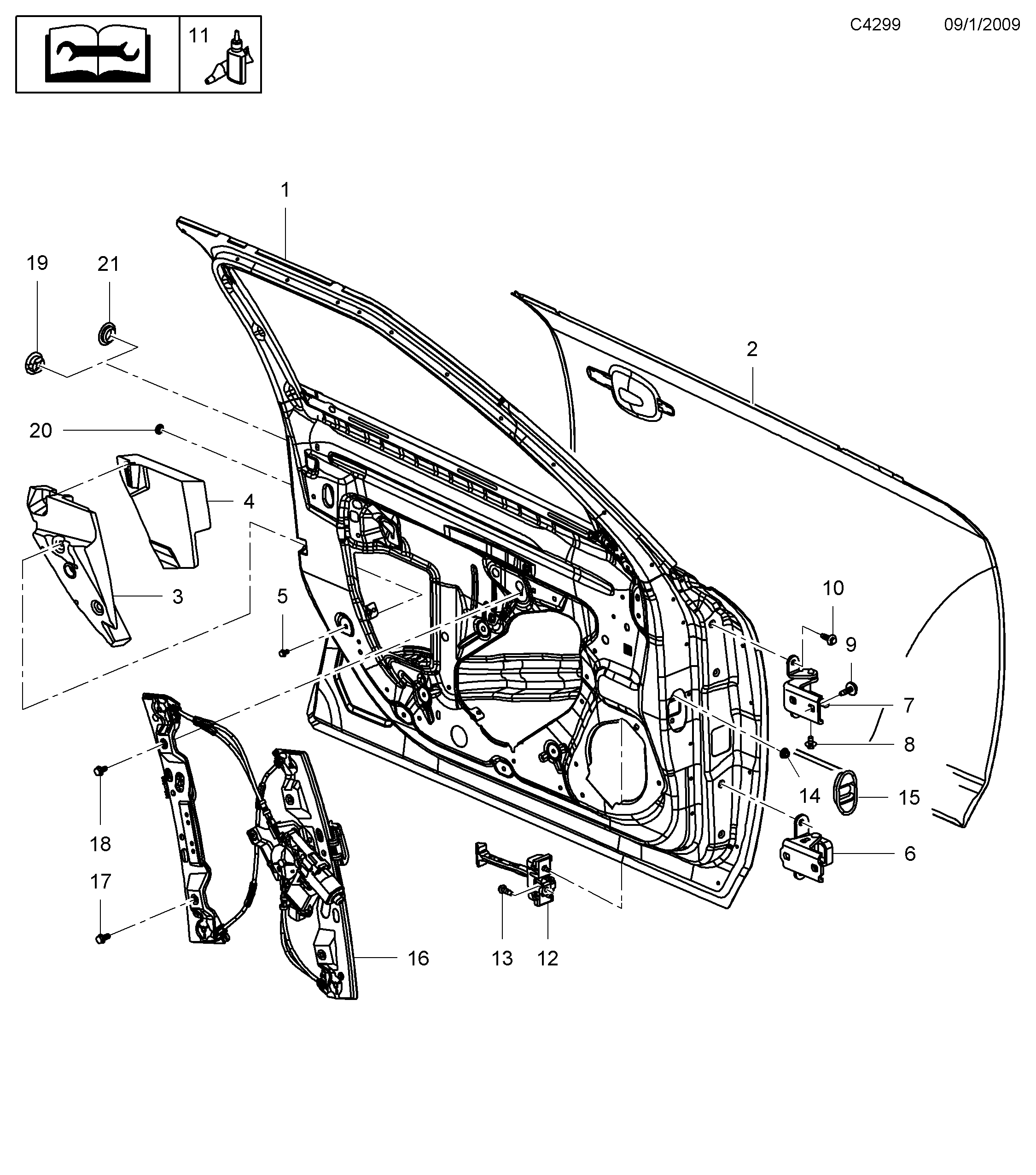 Saab 9-5 (650) Front door Window regulator diagram