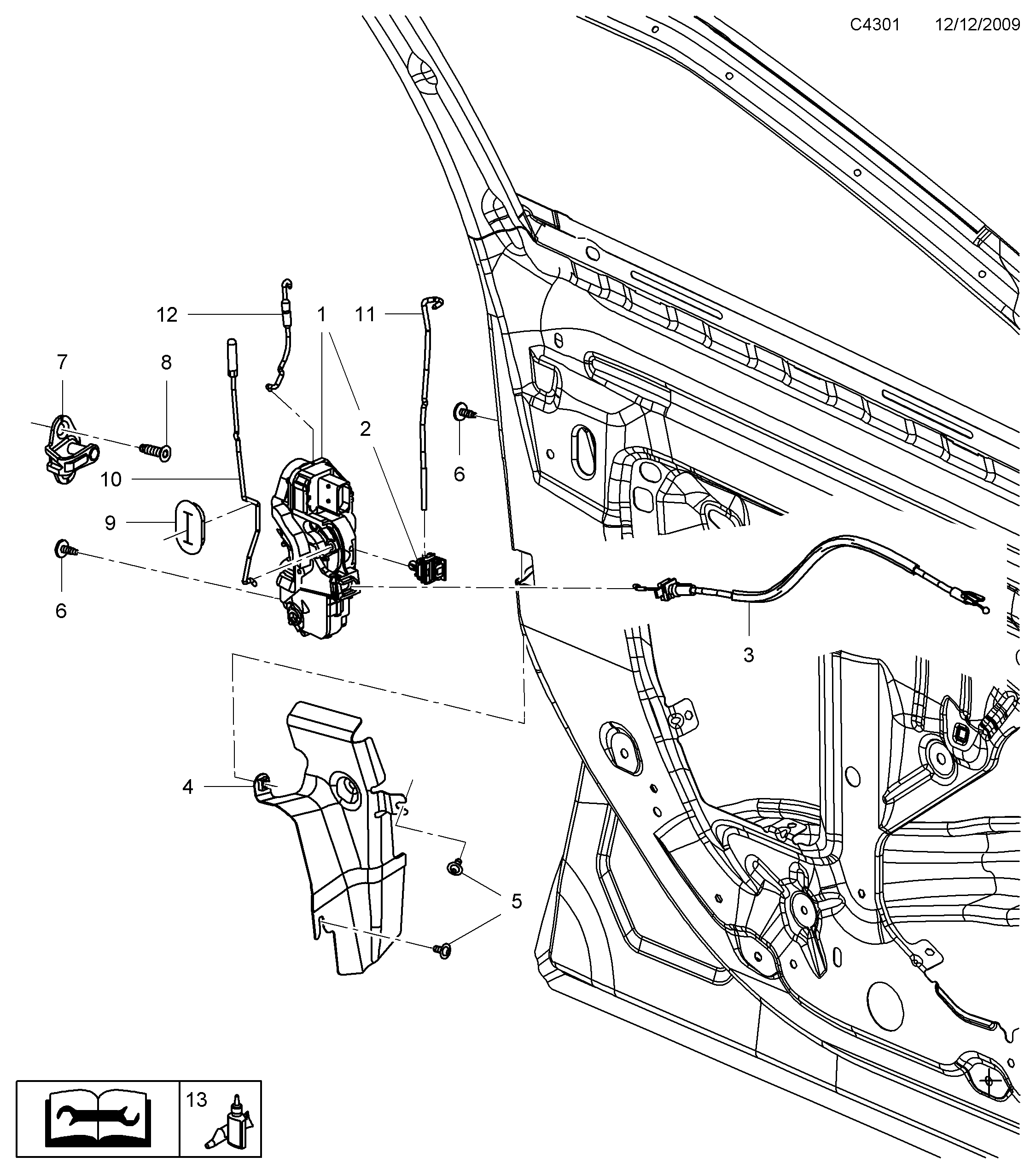Saab 9-5 (650) Door lock Front door diagram