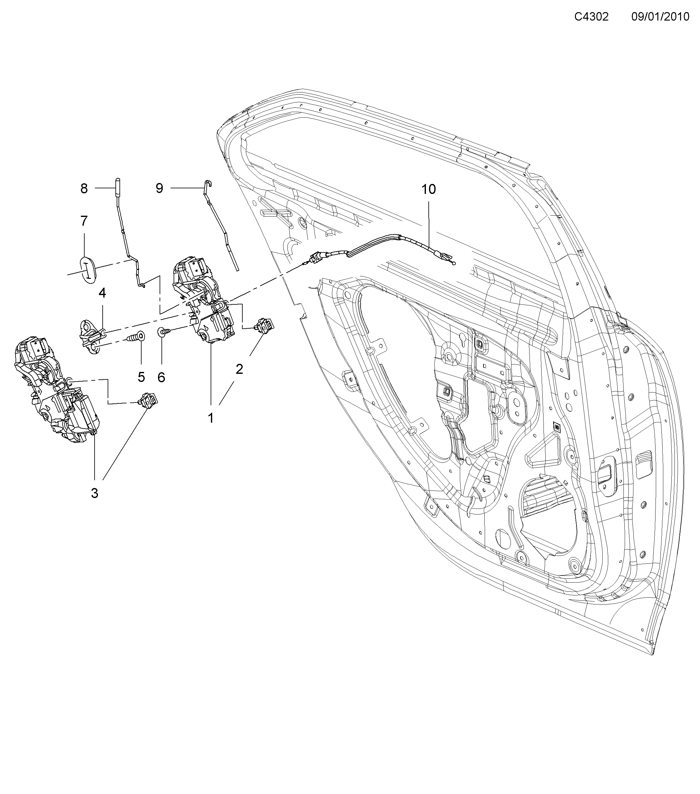Saab 9-5 (650) Door lock Rear door diagram