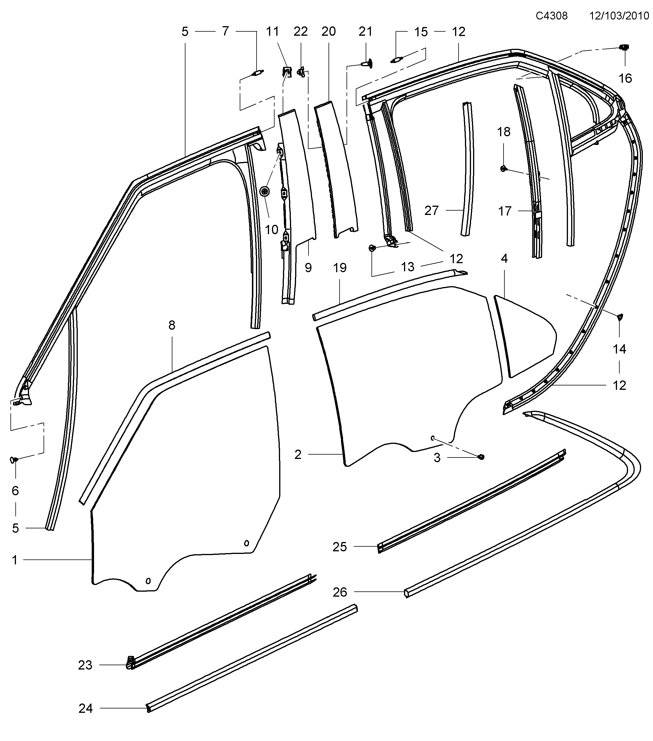 Saab 9-5 (650) Doors and side windows diagram