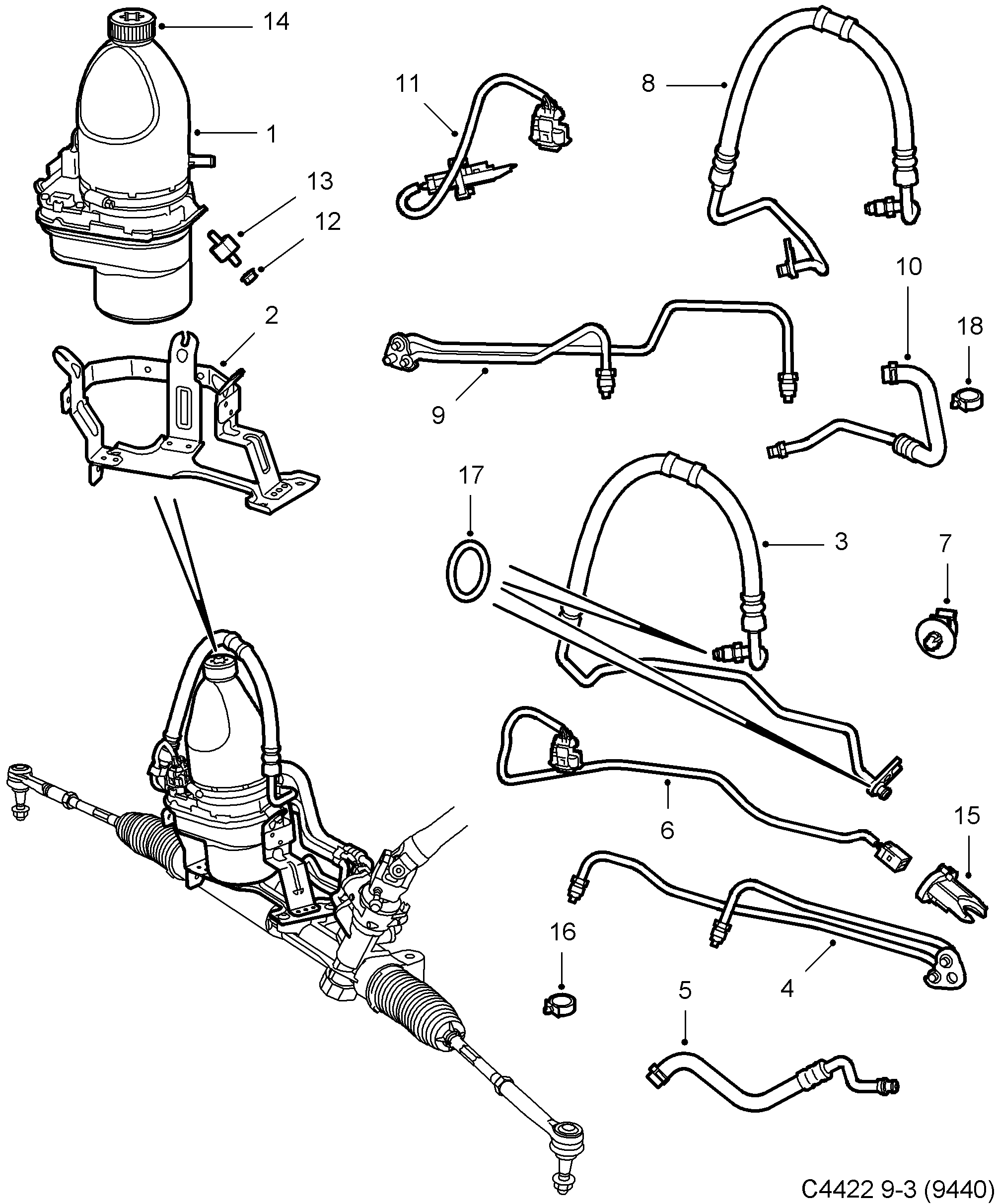 Saab 9-3 (9440) Pump, hydraulic oil hoses diagram