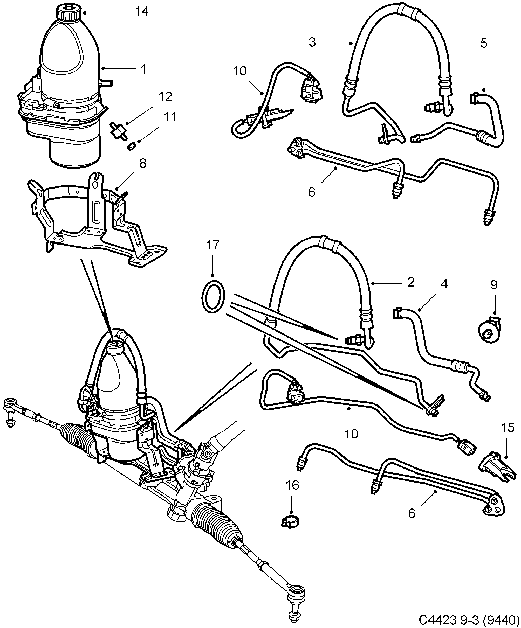 Saab 9-3 (9440) Pump, hydraulic oil hoses diagram