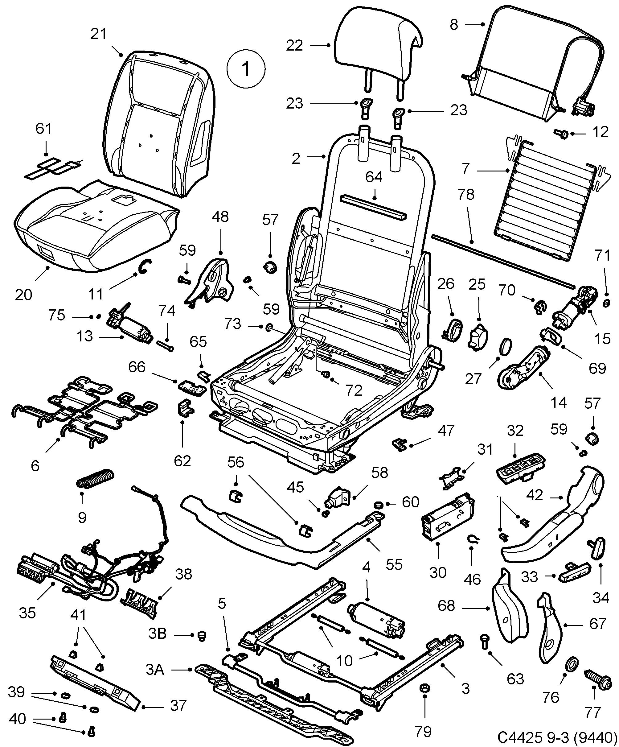 Saab 9-3 (9440) Seat Electrically adjustable diagram