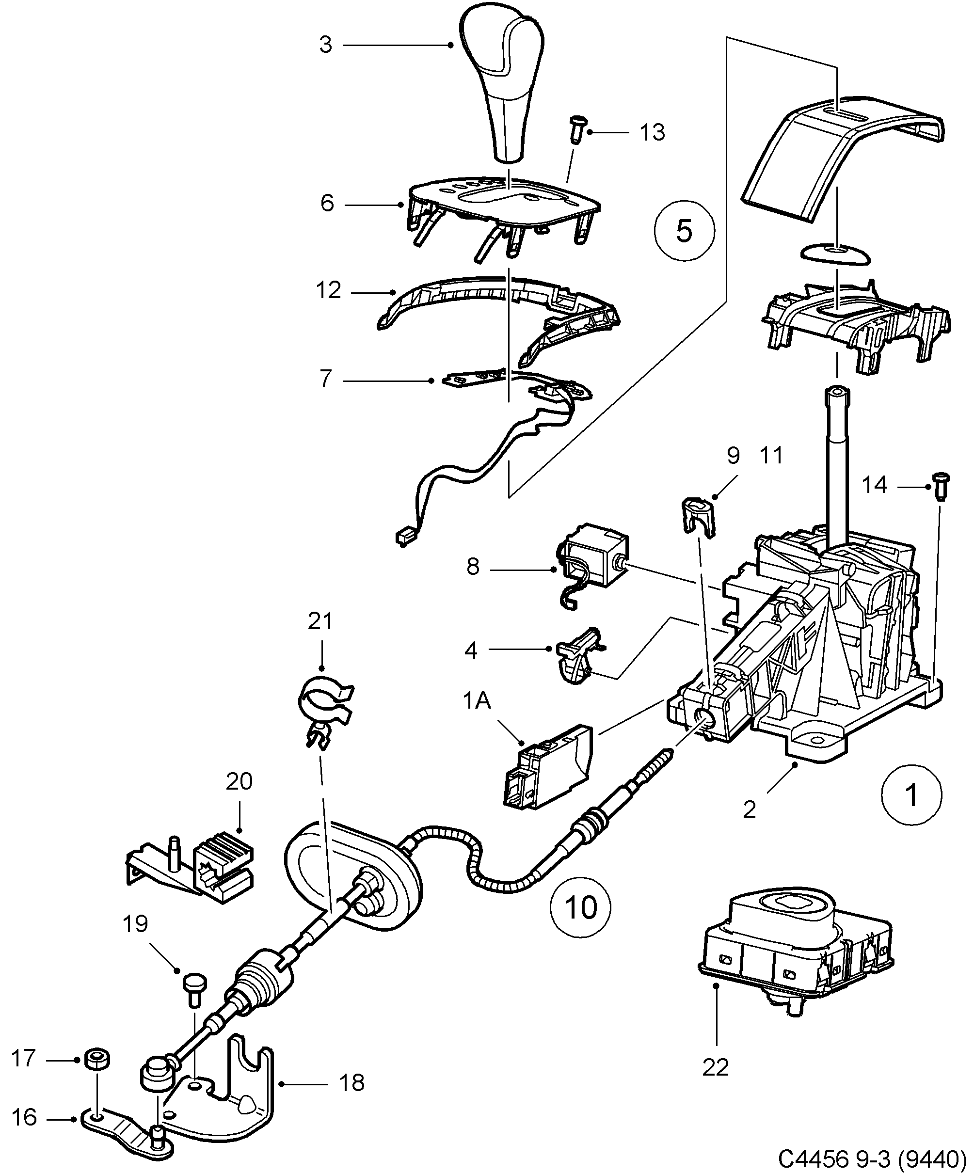 Saab 9-3 (9440) Gear selector lever diagram