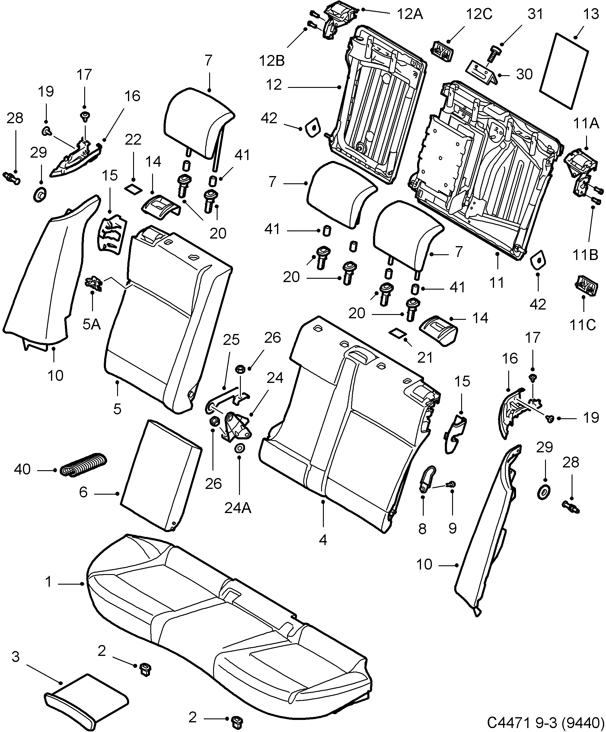 Saab 9-3 (9440) Rear seat diagram
