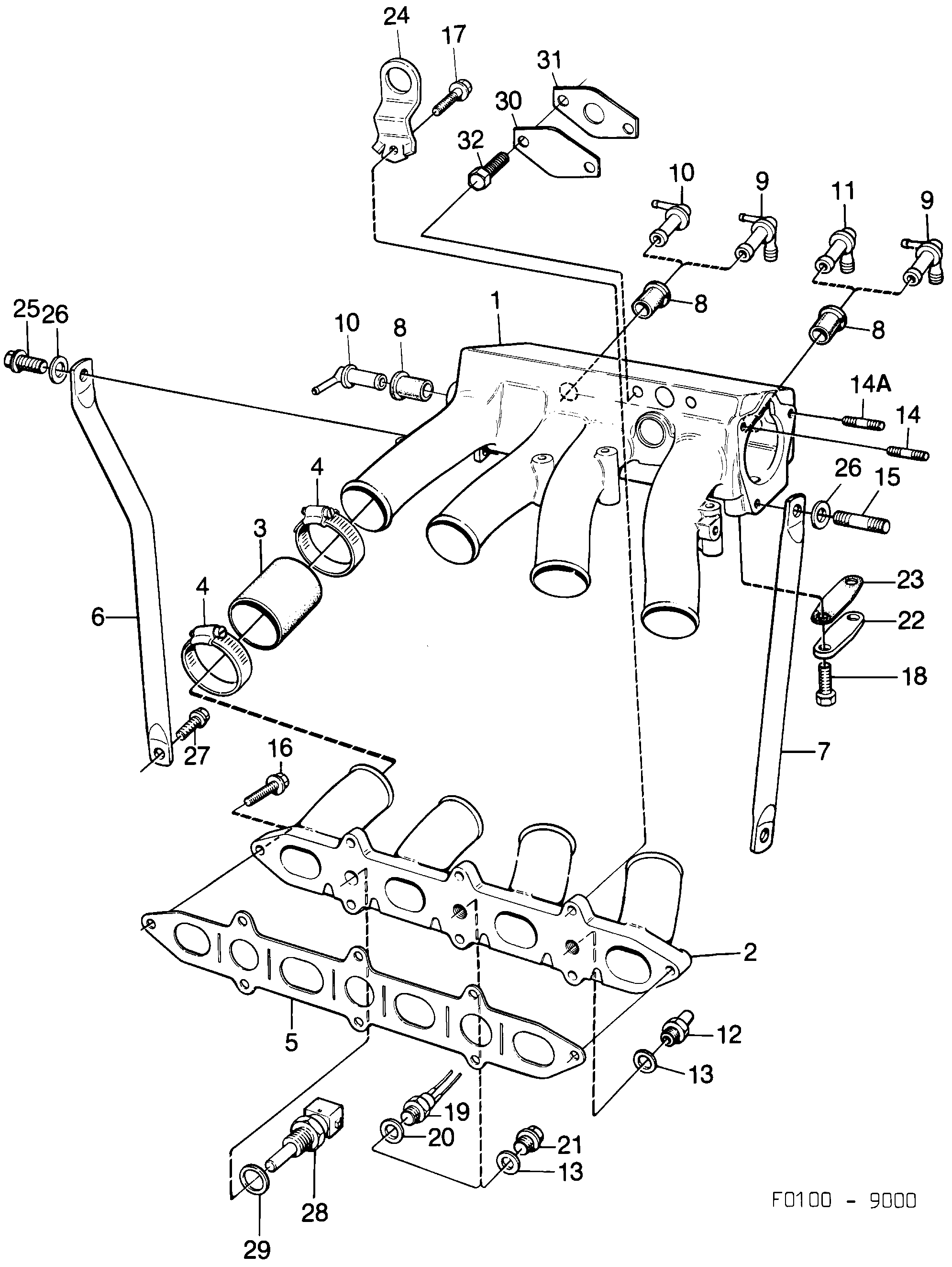 Saab 9000 Inlet manifold, parted diagram