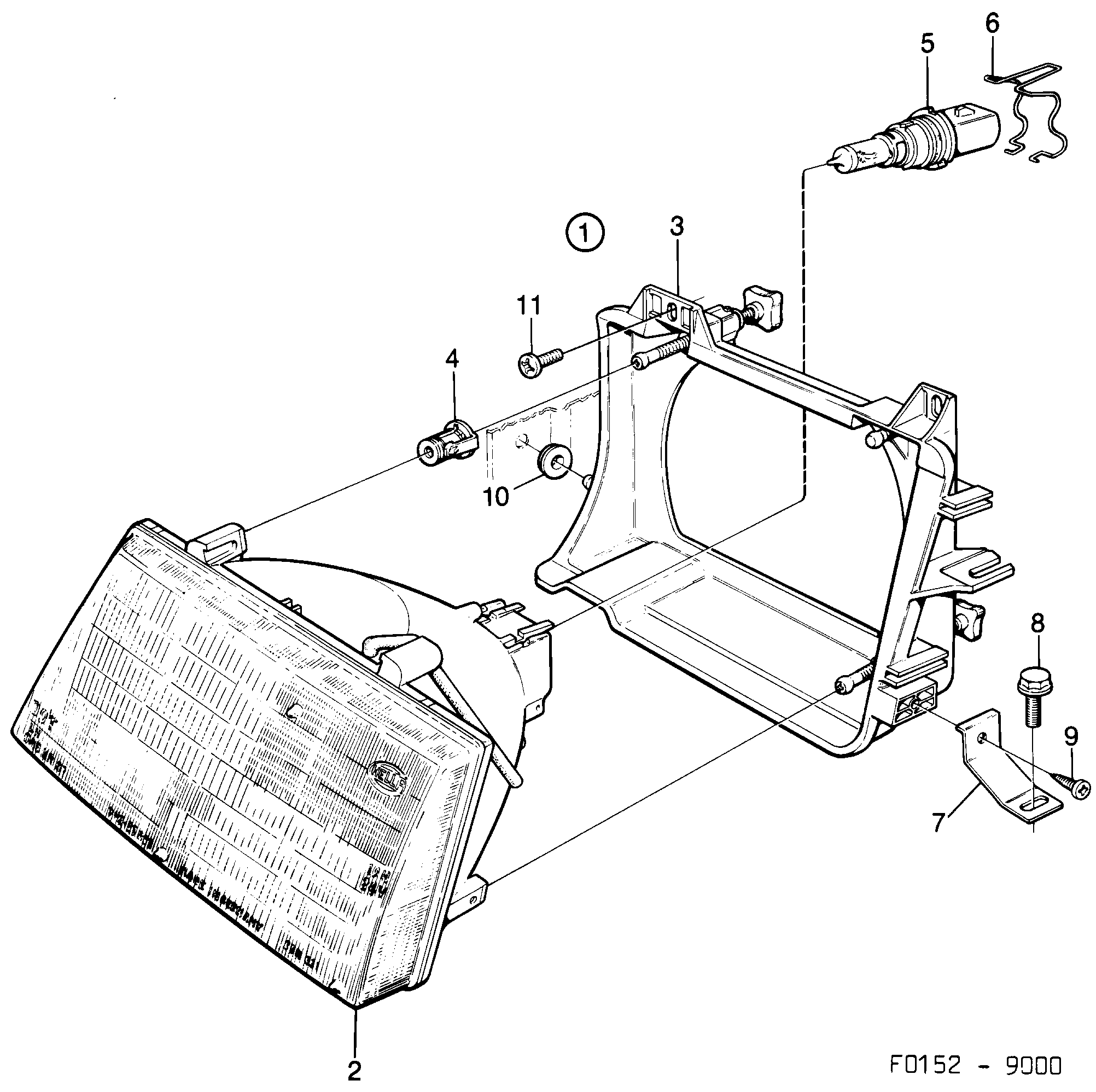 Saab 9000 Headlamp, sealed beam diagram