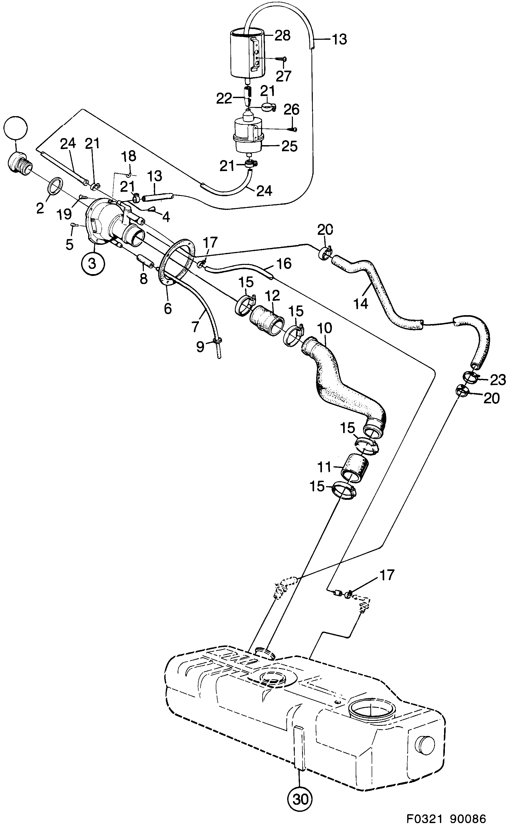 Saab 900 Filler pipe Hose diagram