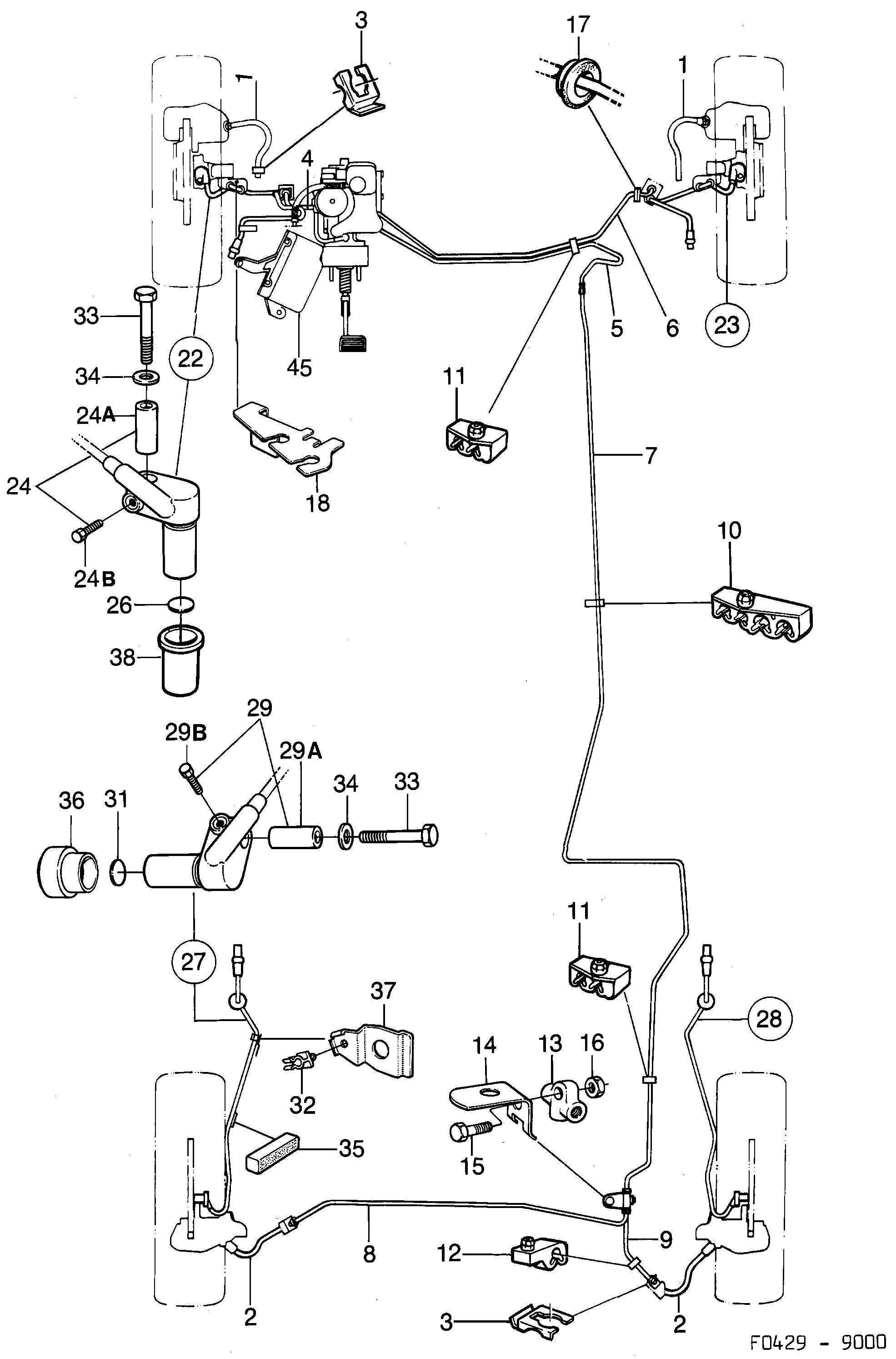 Saab 9000 Brake lines ABS diagram