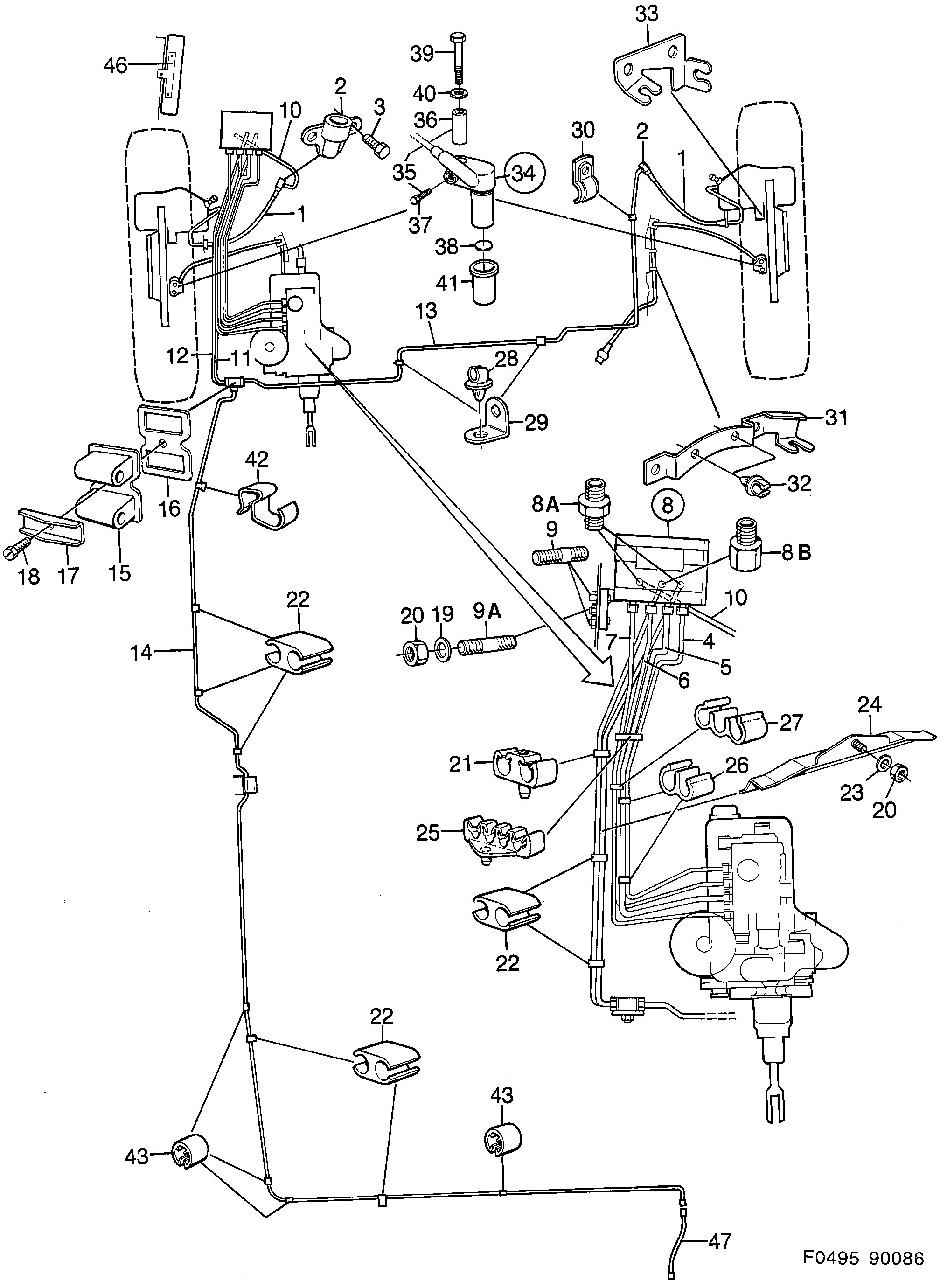 Saab 900 Brake lines ABS front diagram