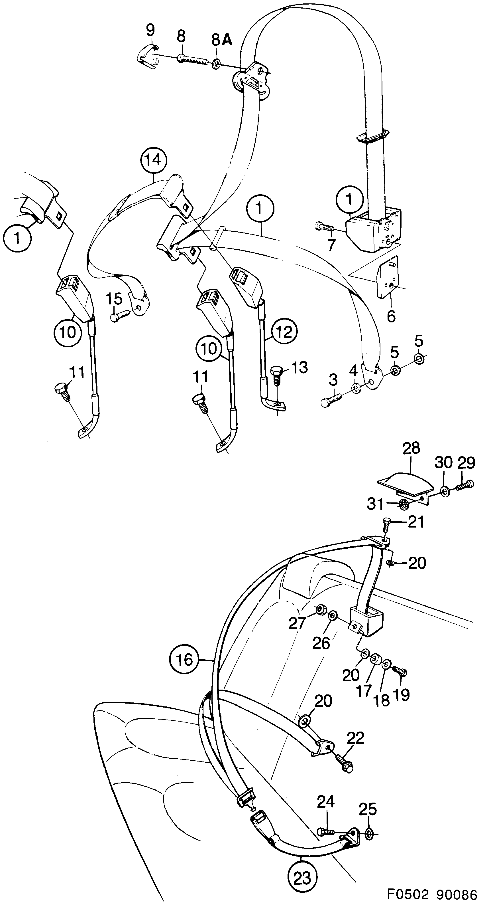 Saab 900 Safety belt, rear seat diagram