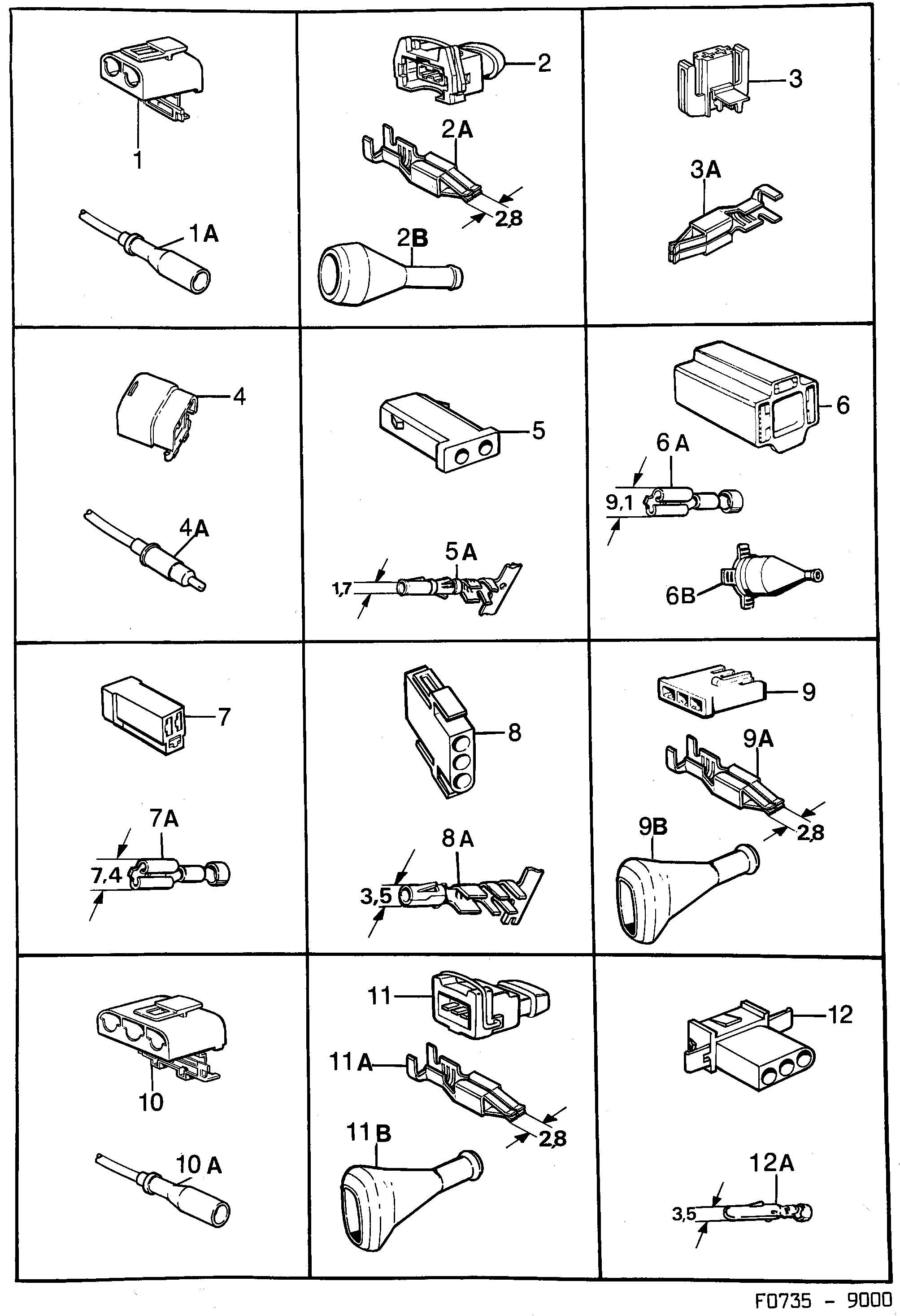 Saab 9000 Connector housing etc diagram