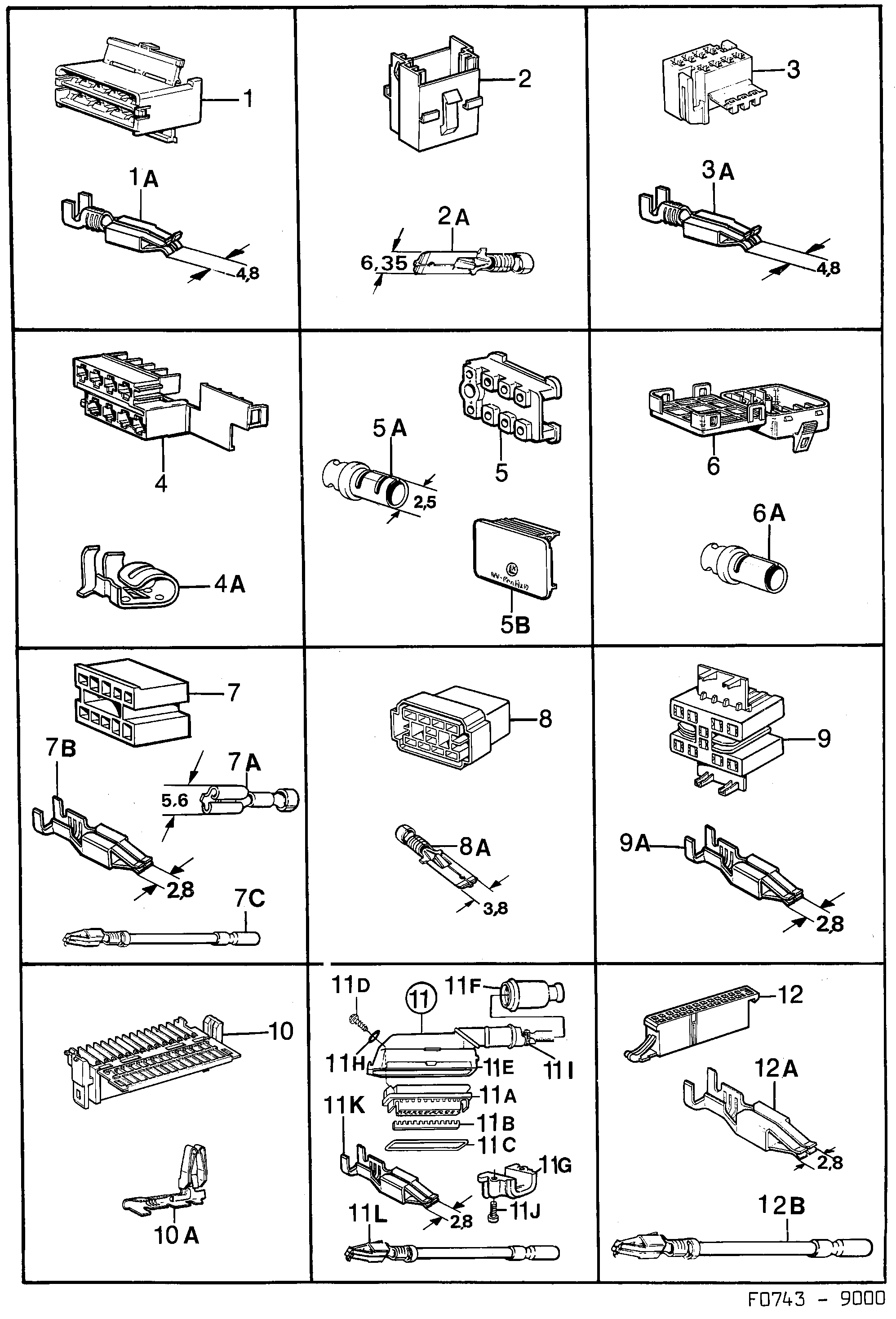 Saab 9000 Connector housing etc diagram