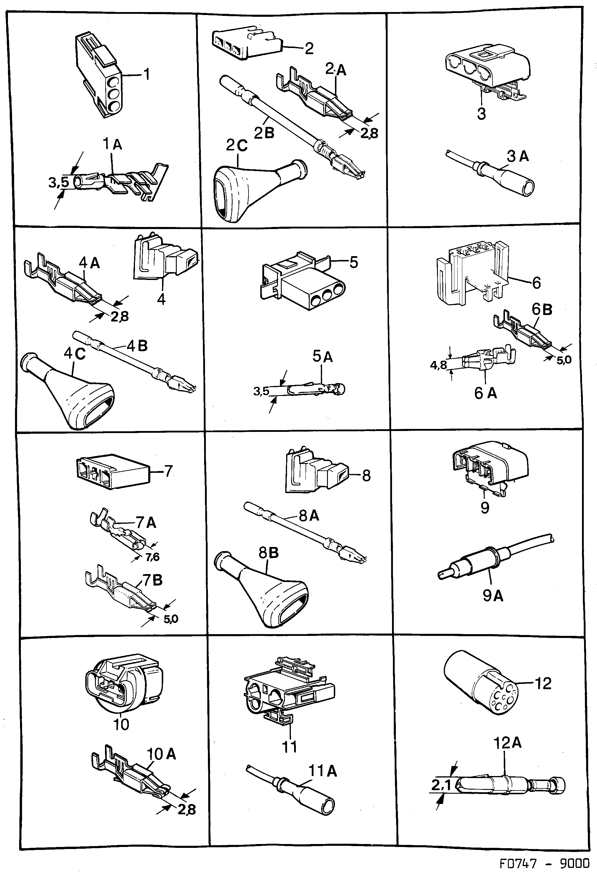 Saab 9000 Connector housing etc diagram