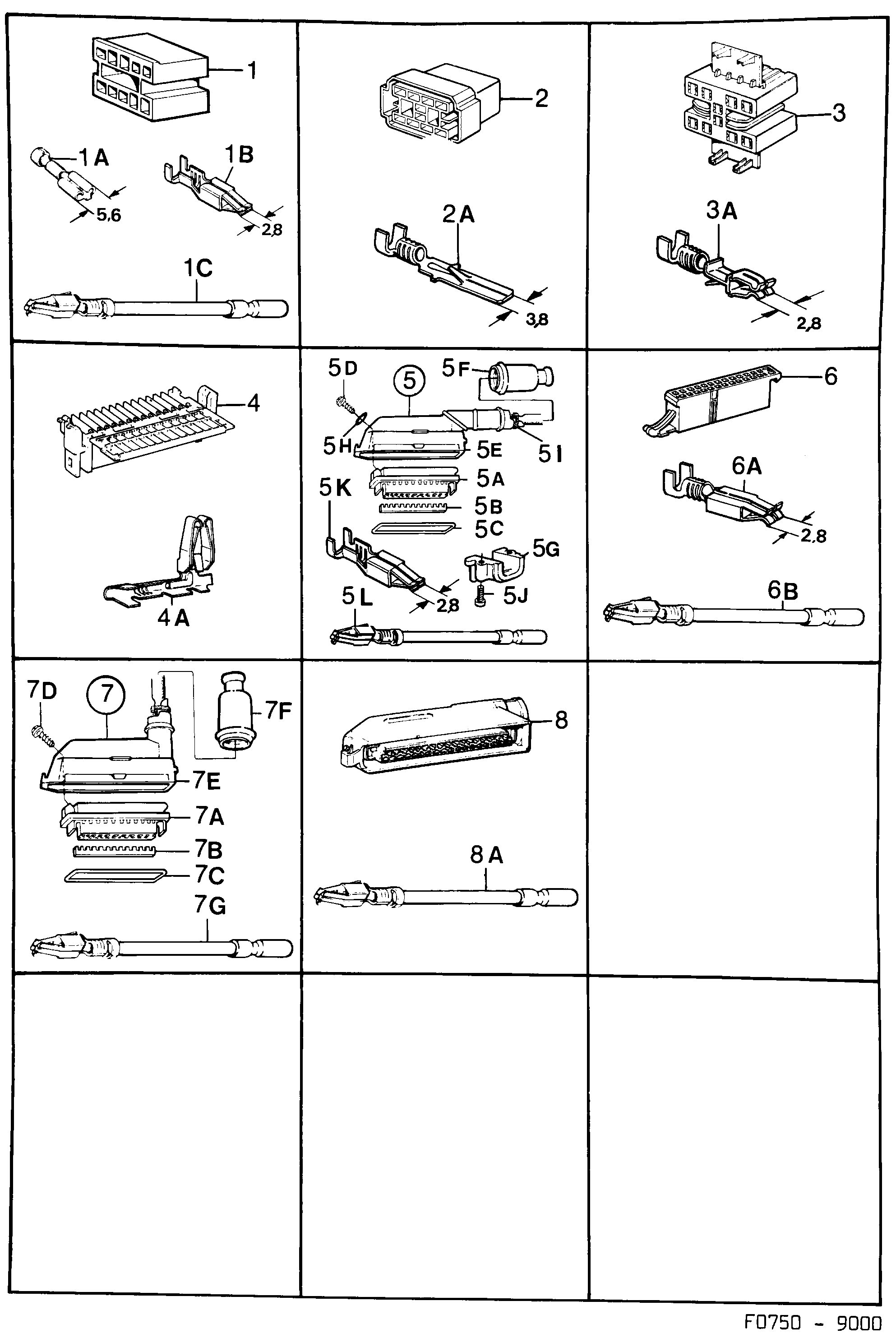 Saab 9000 Connector housing etc diagram