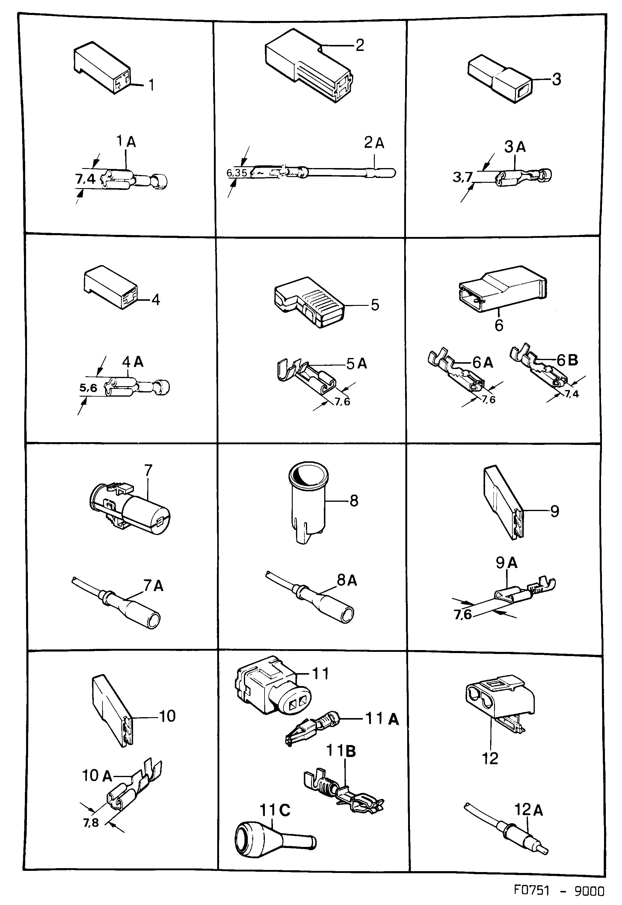 Saab 9000 Connector housing etc diagram