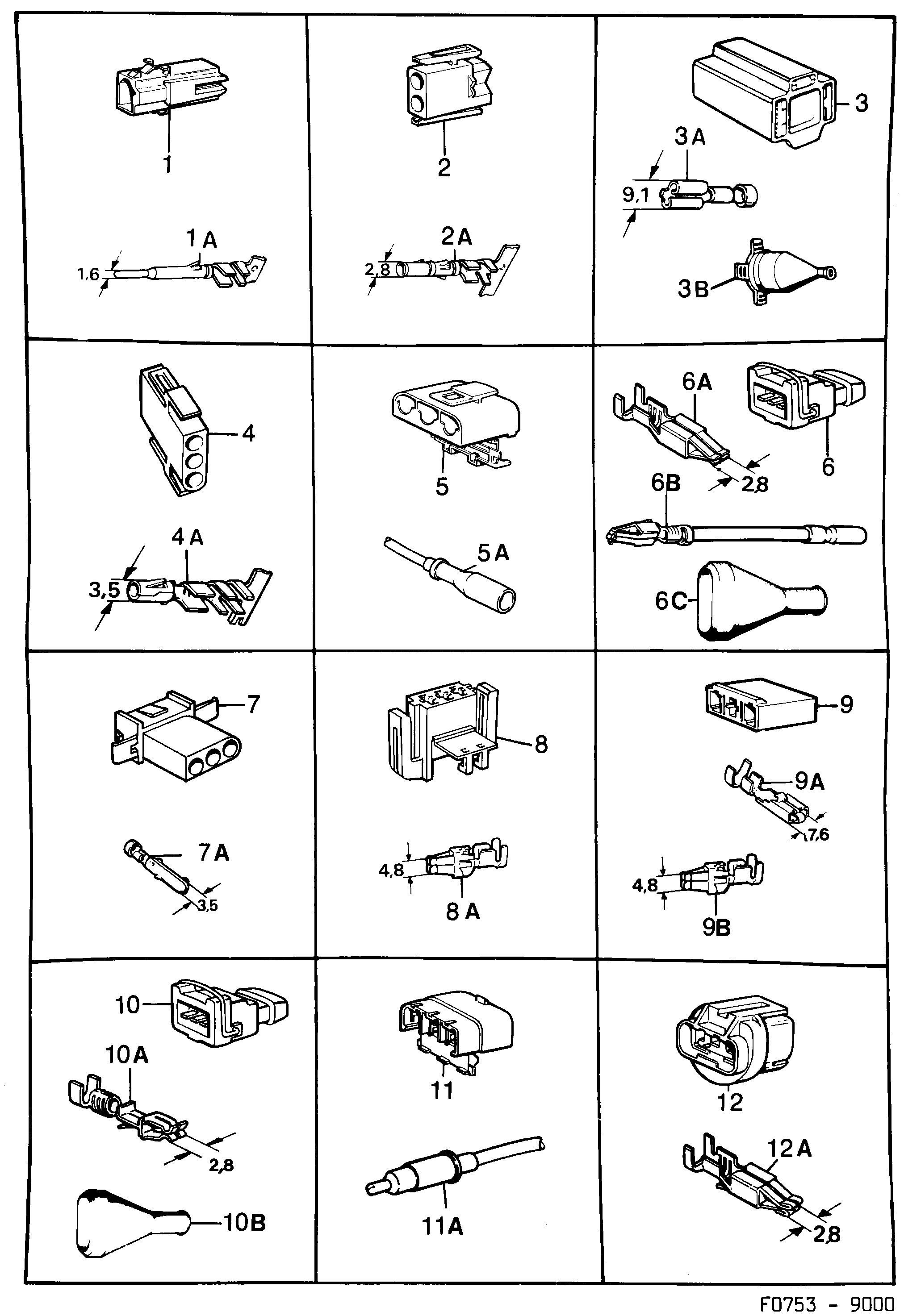 Saab 9000 Connector housing etc diagram
