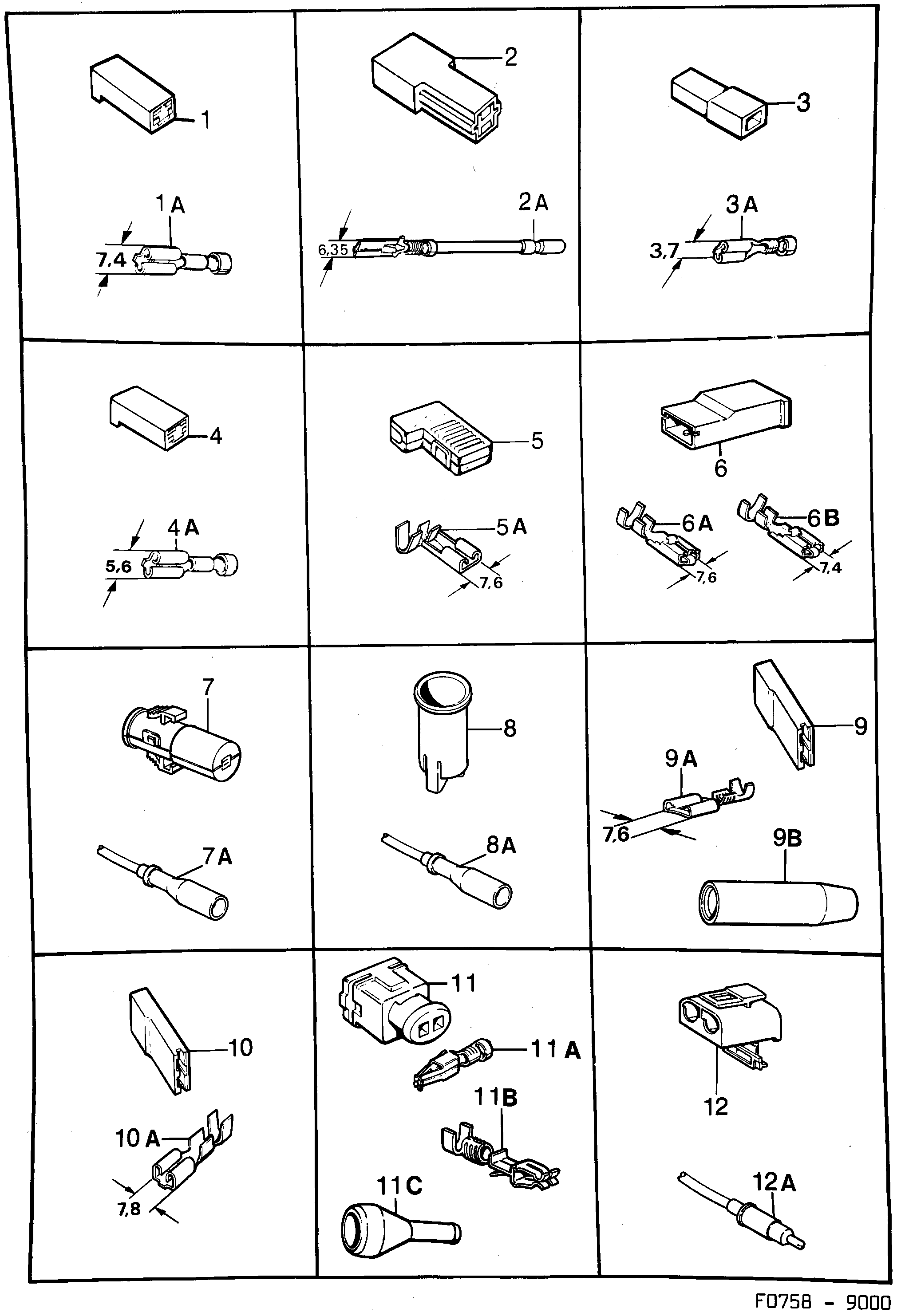 Saab 9000 Connector housing etc diagram