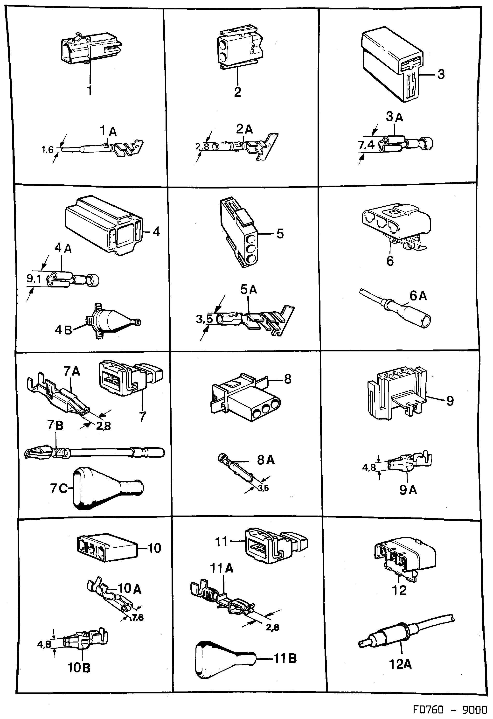 Saab 9000 Connector housing etc diagram