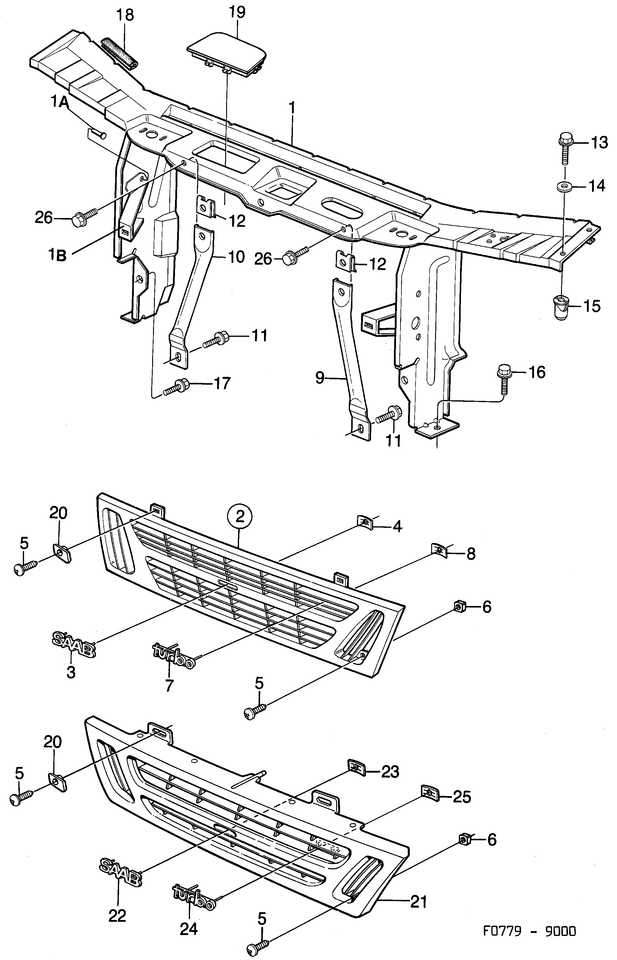 Saab 9000 Front member Grille diagram