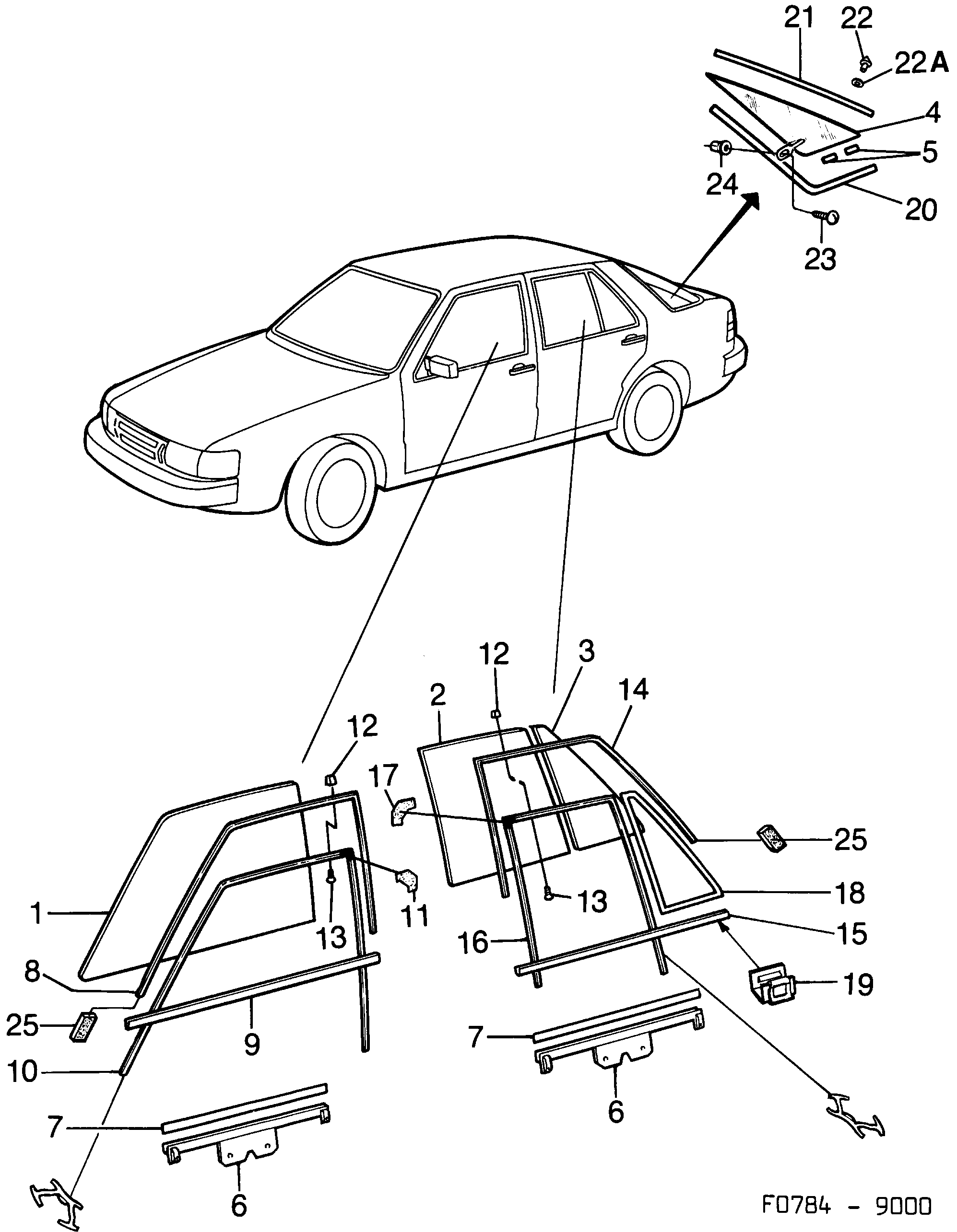 Saab 9000 Doors and side windows diagram