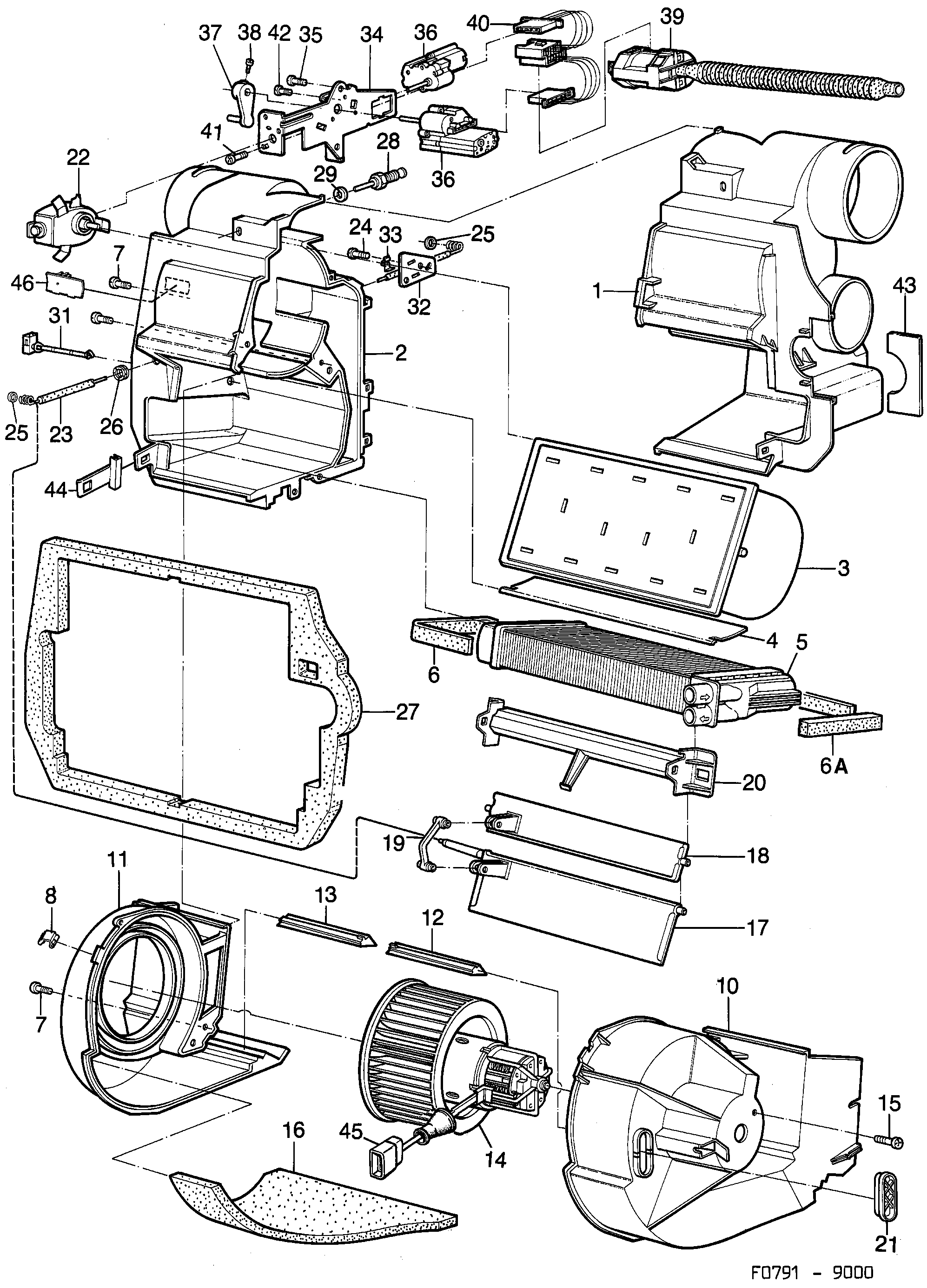 Saab 9000 Heat exchanger, servo Fan unit, ACC diagram