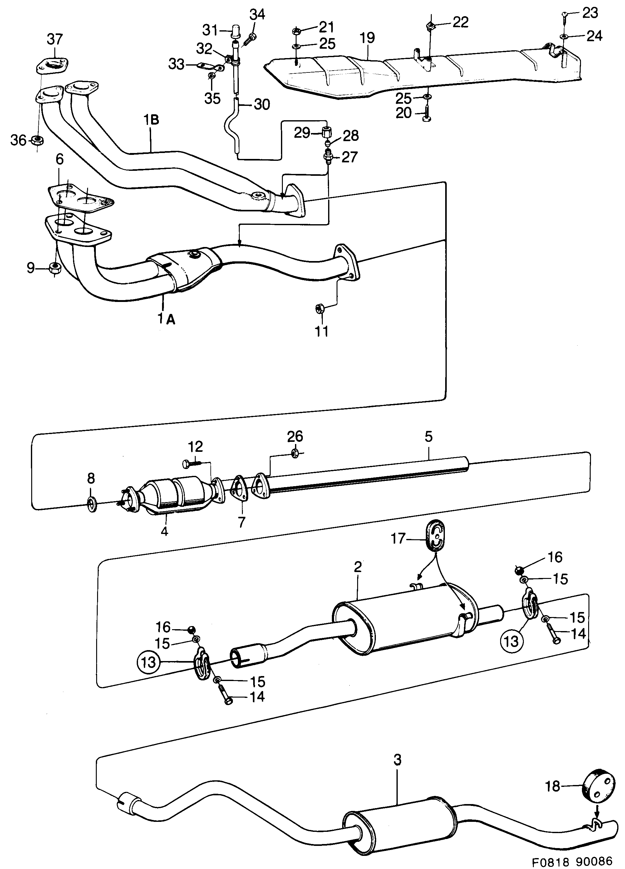Saab 900 Exhaust system With catalytic converter diagram
