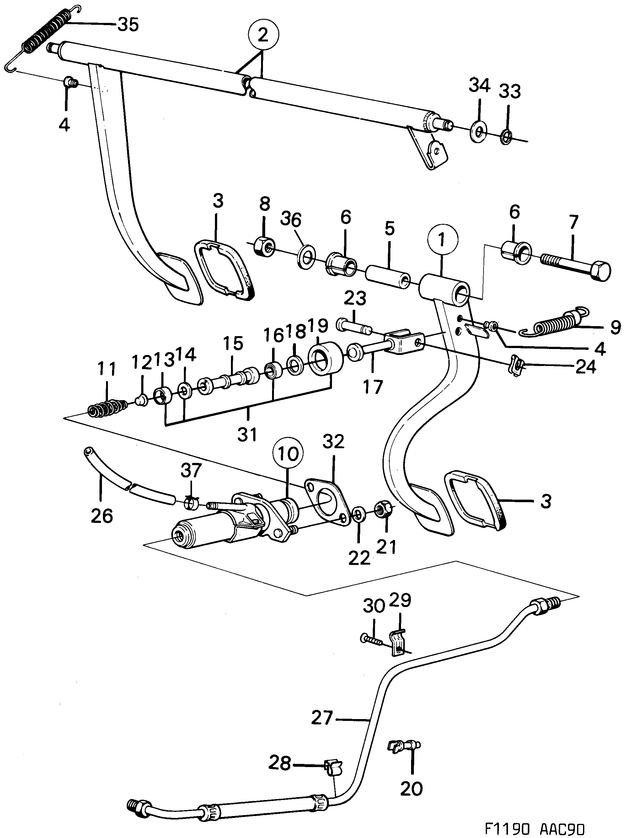 Saab 900 Pedal, master cylinder diagram