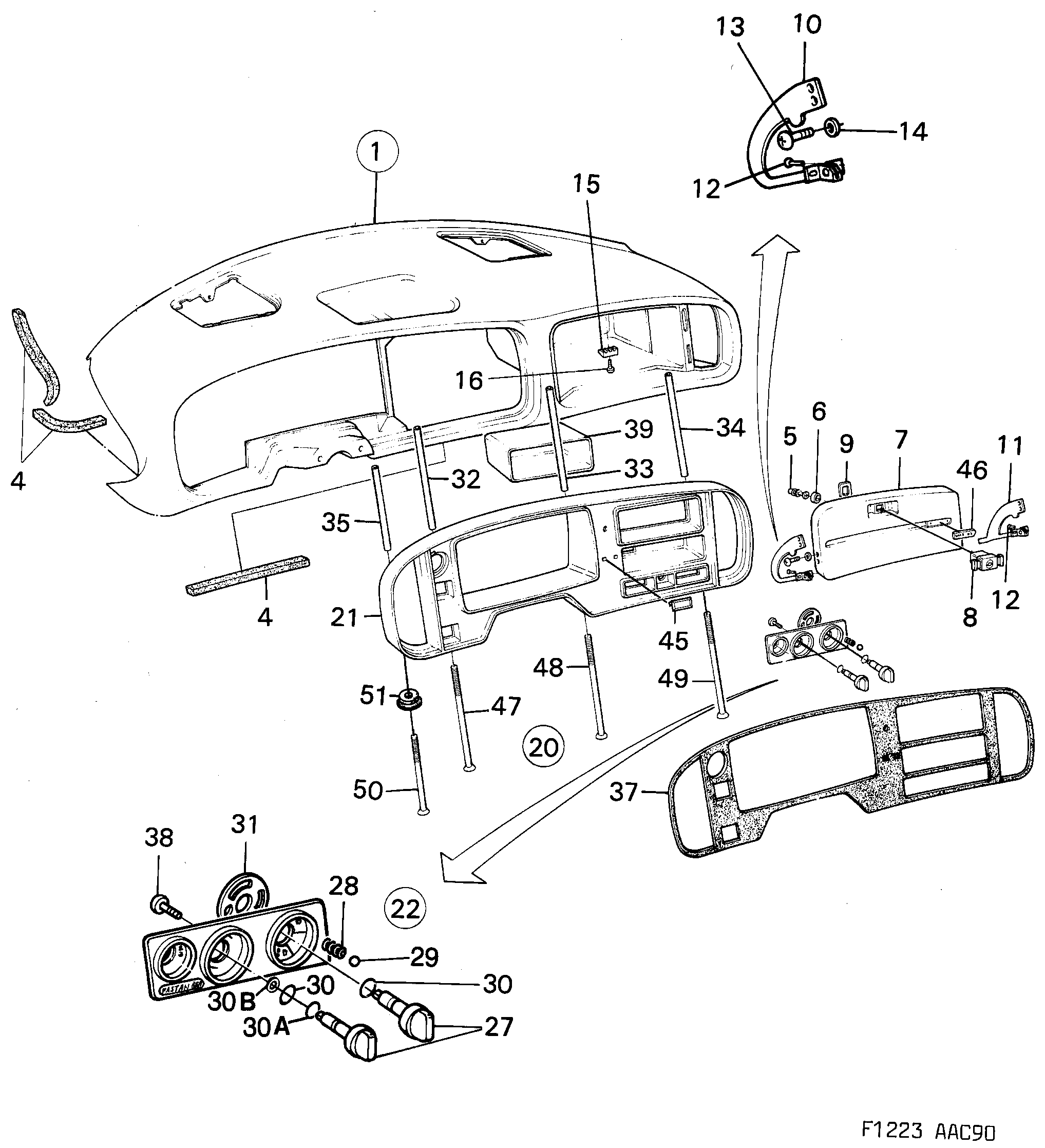 Saab 900 Panel upper Instrument plate diagram