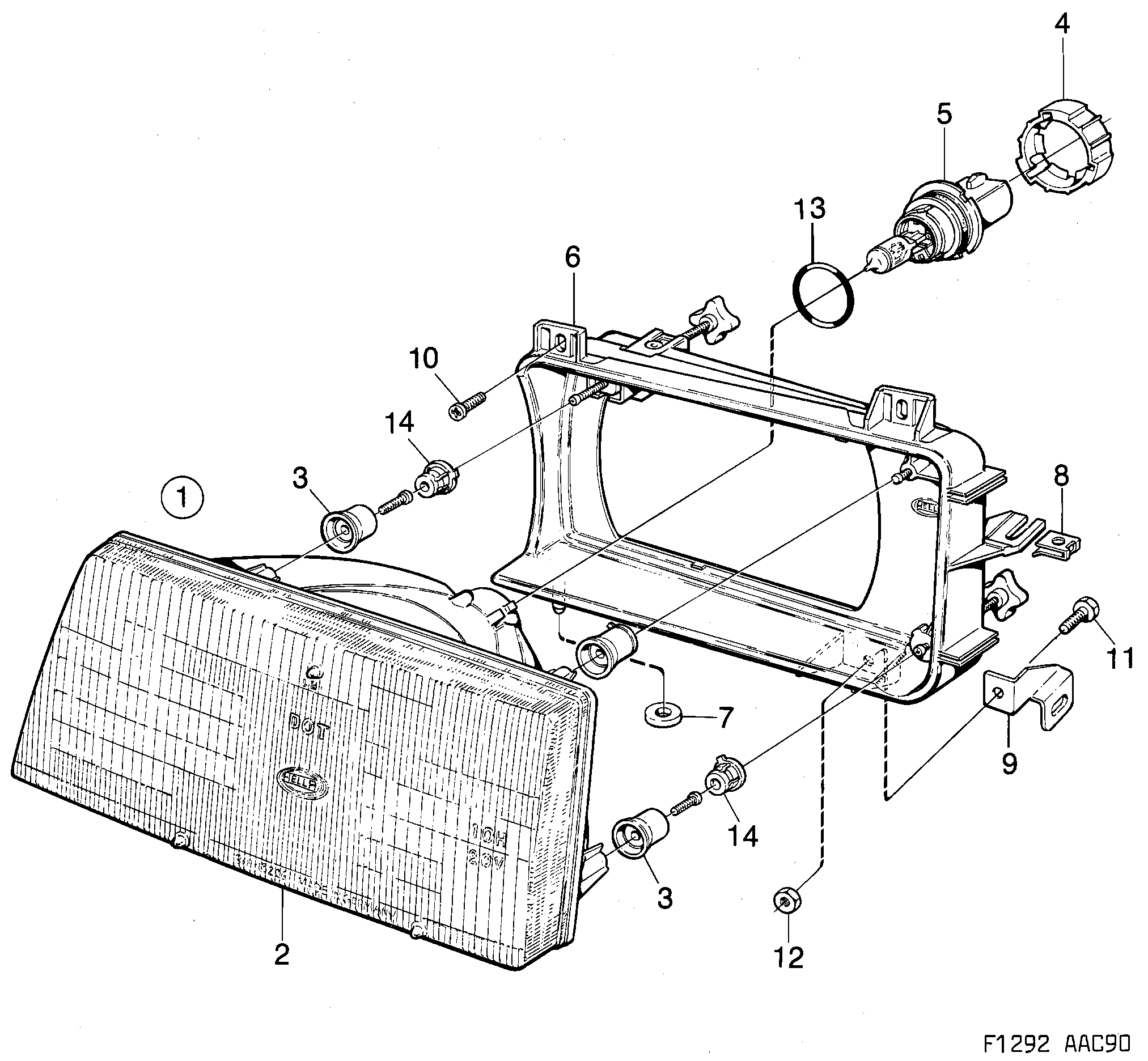 Saab 900 Headlamp, sealed beam diagram