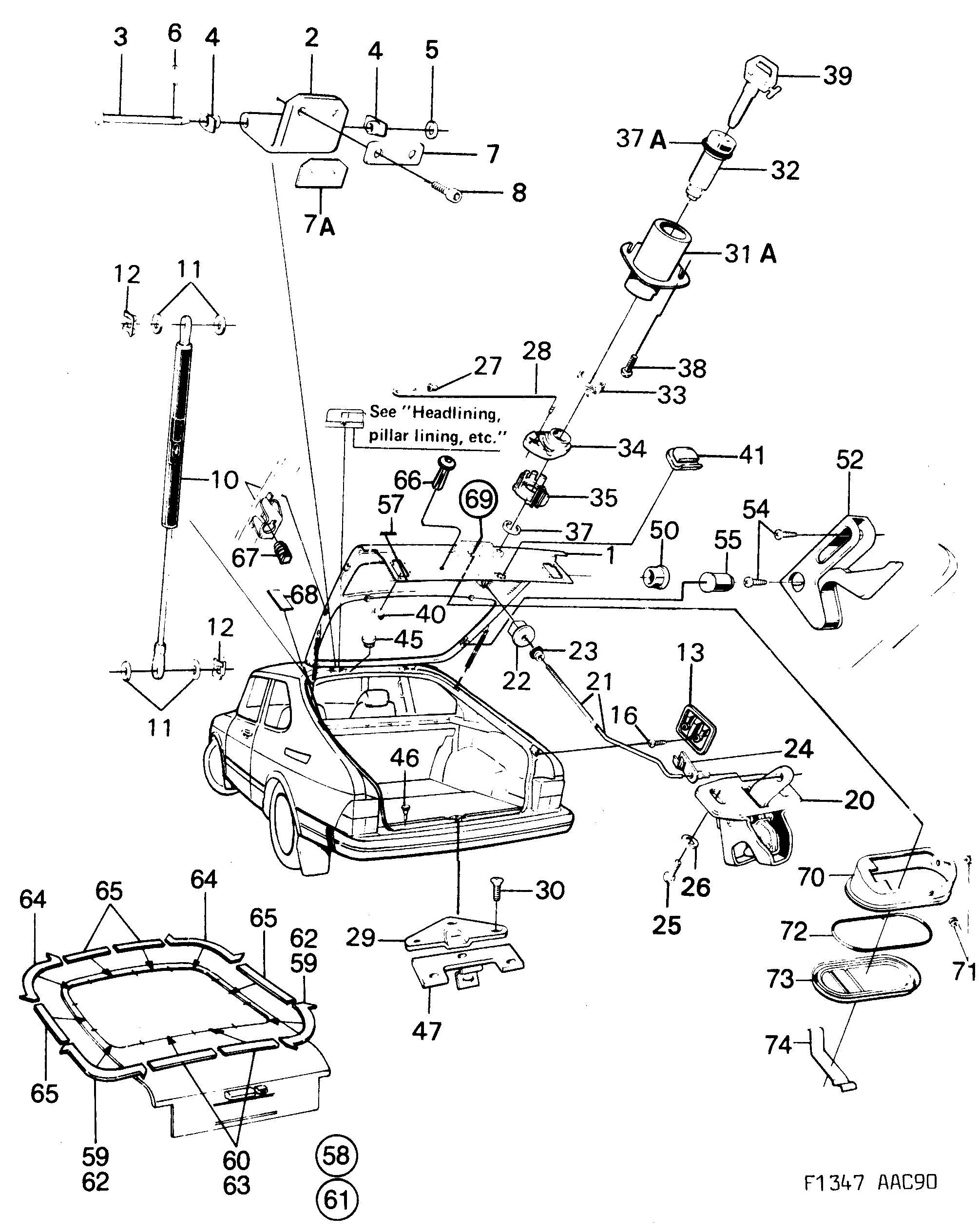 Saab 900 Tail gate Lock diagram