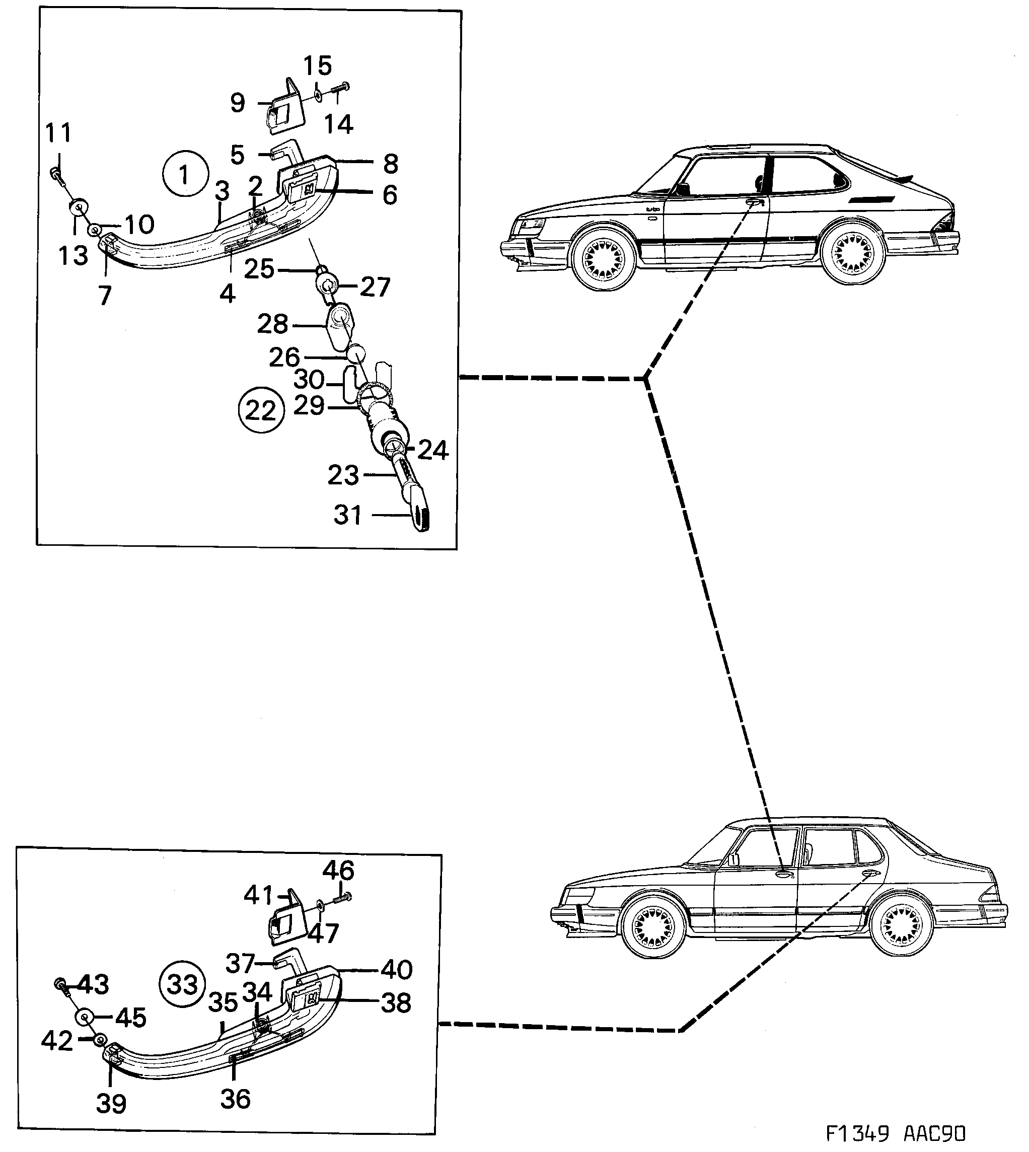 Saab 900 Outside handle Lock cylinder diagram