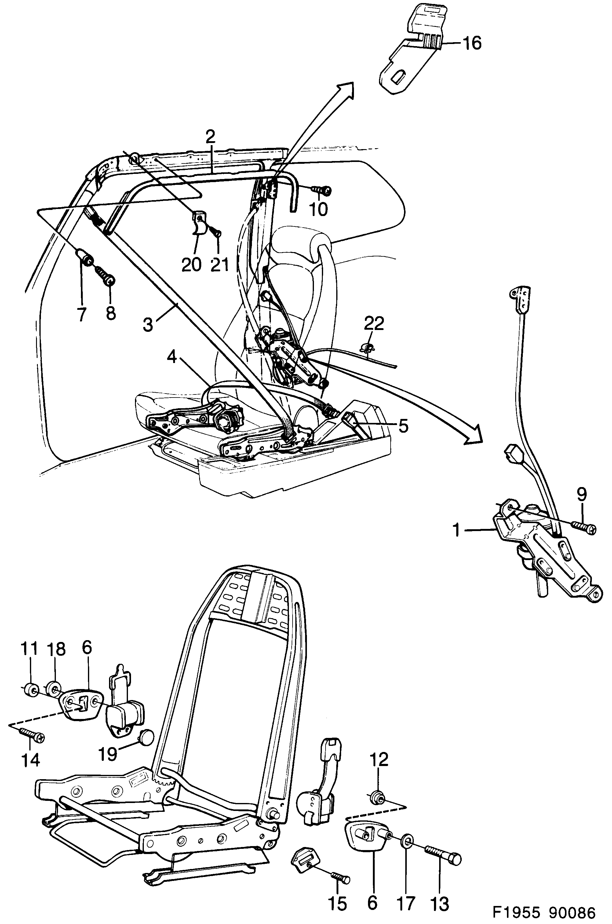 Saab 900 Safety belt, front seat Automatic diagram