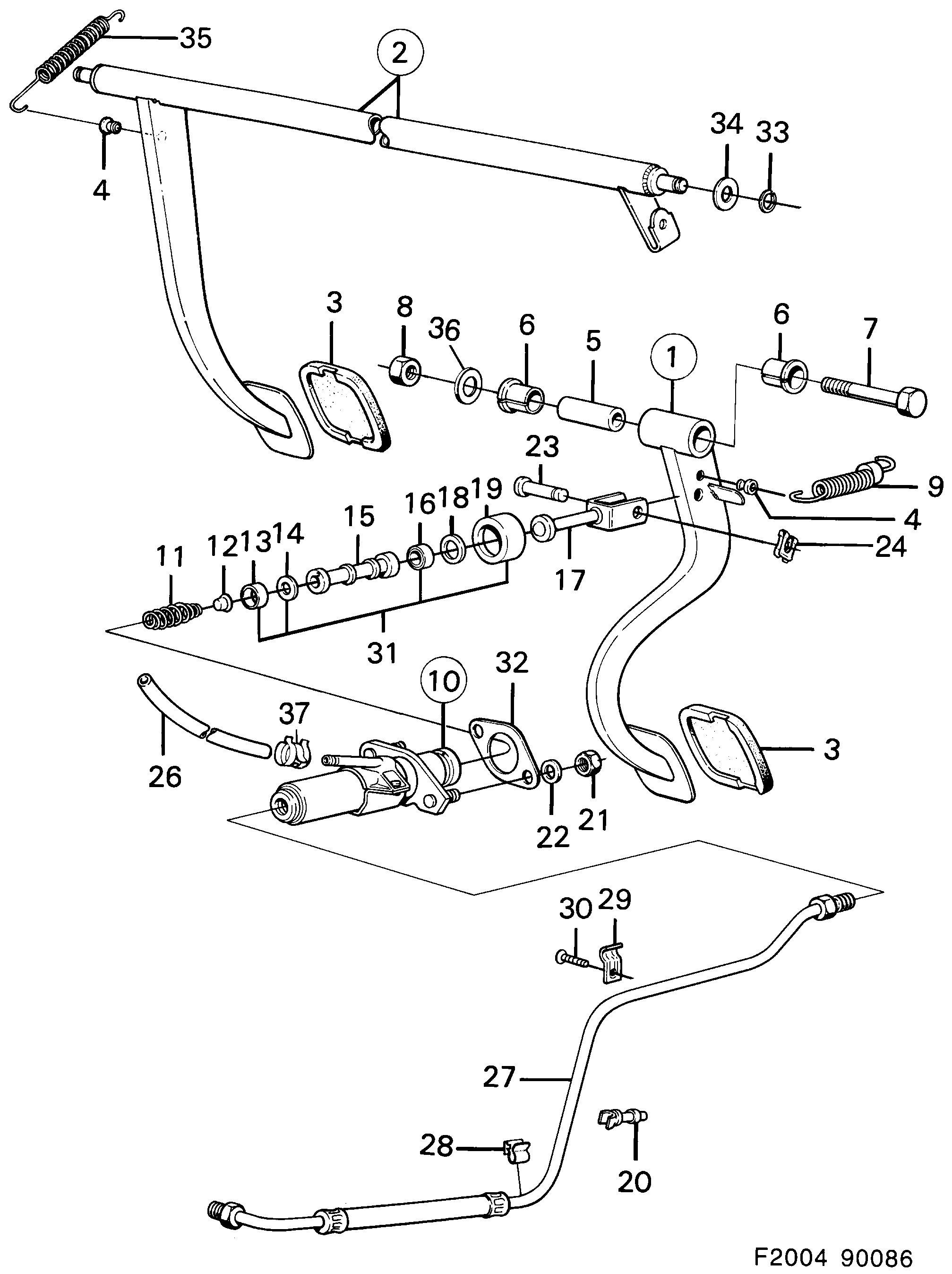 Saab 900 Pedal, master cylinder diagram