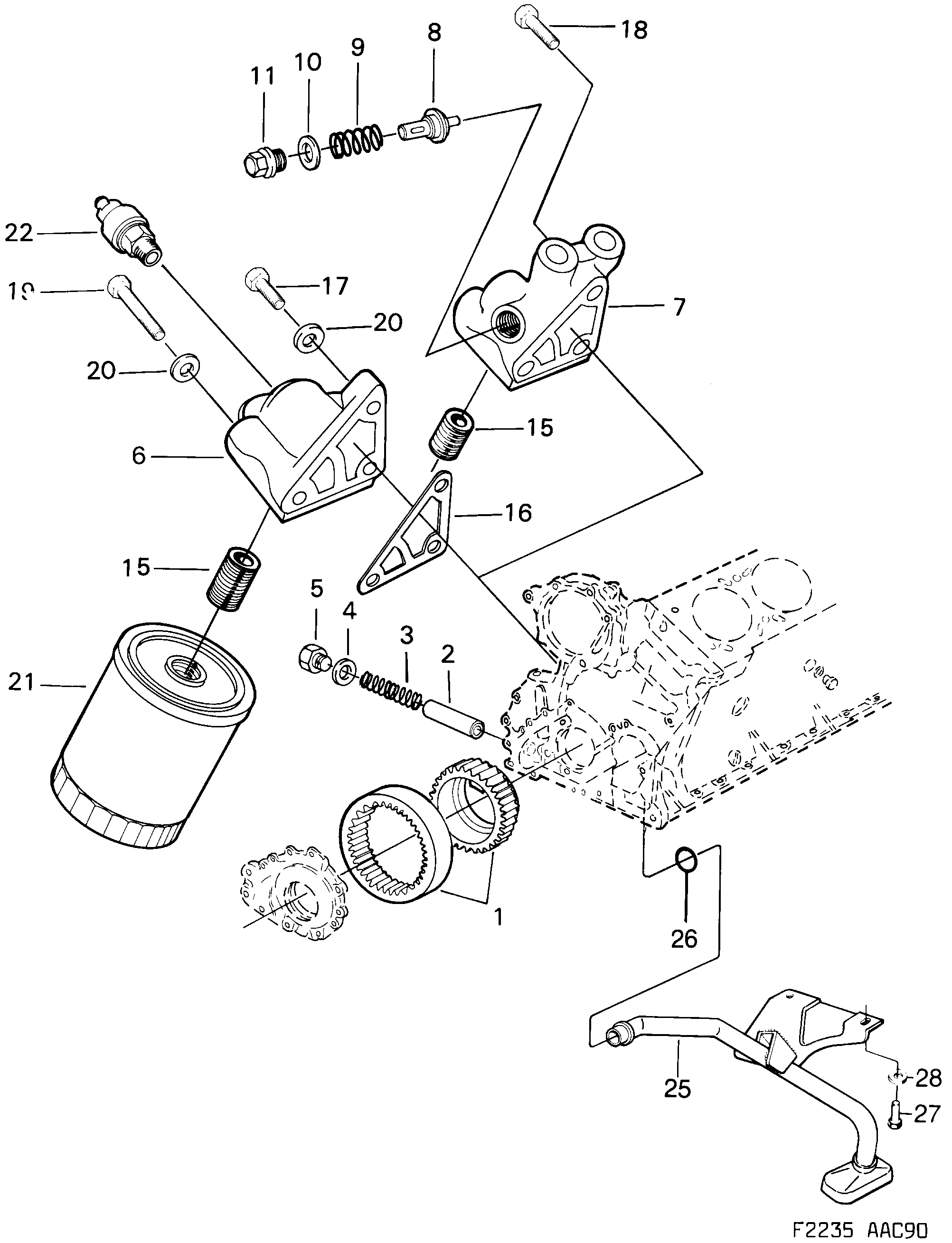 Saab 900 Oil pump, oil filter, diagram