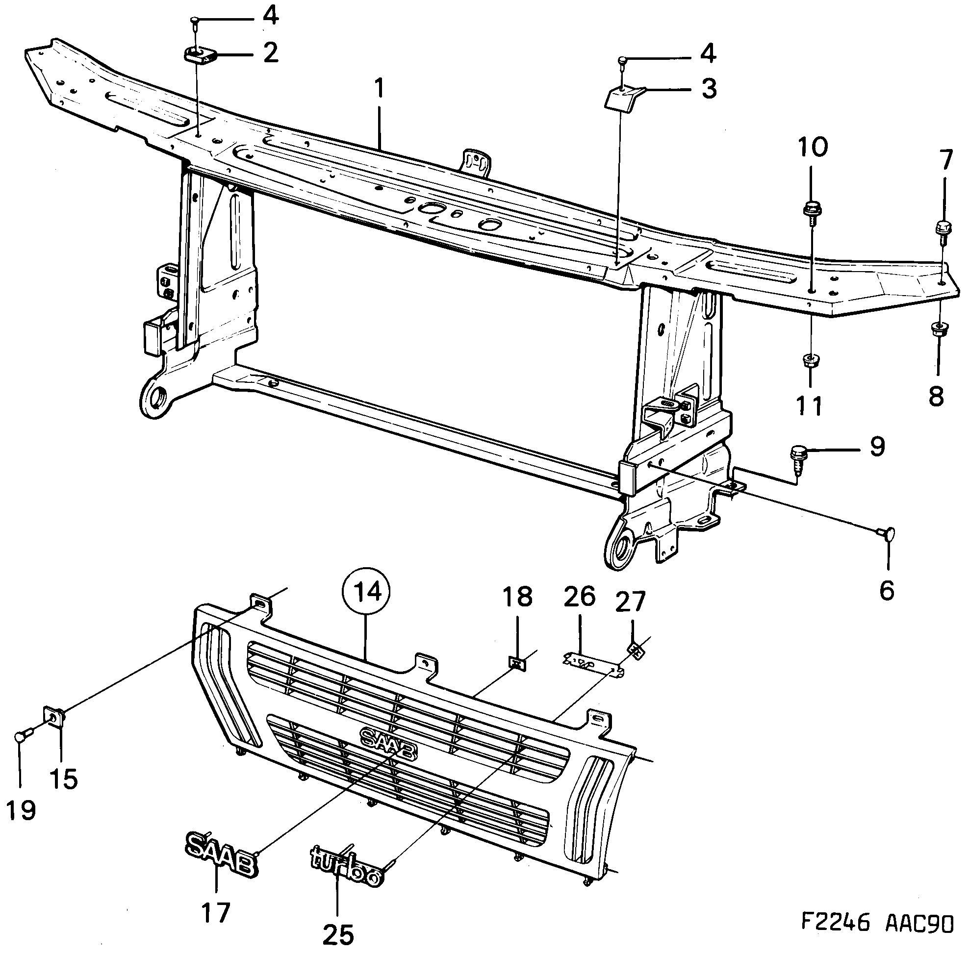 Saab 900 Front member Grille diagram