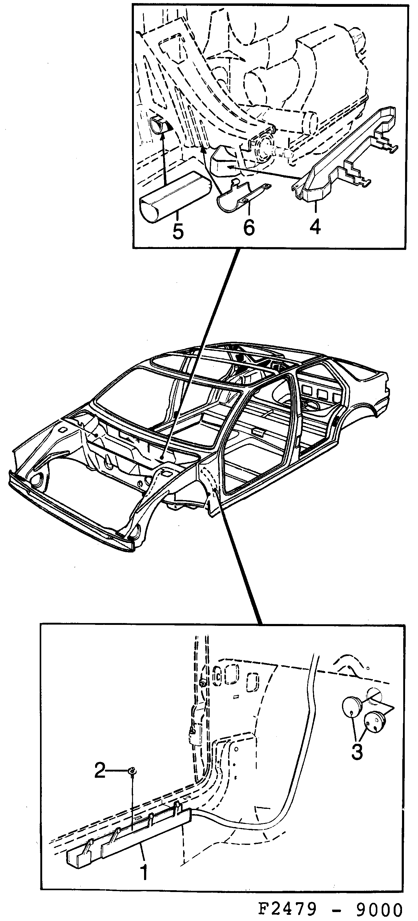 Saab 9000 Mounting details Body diagram