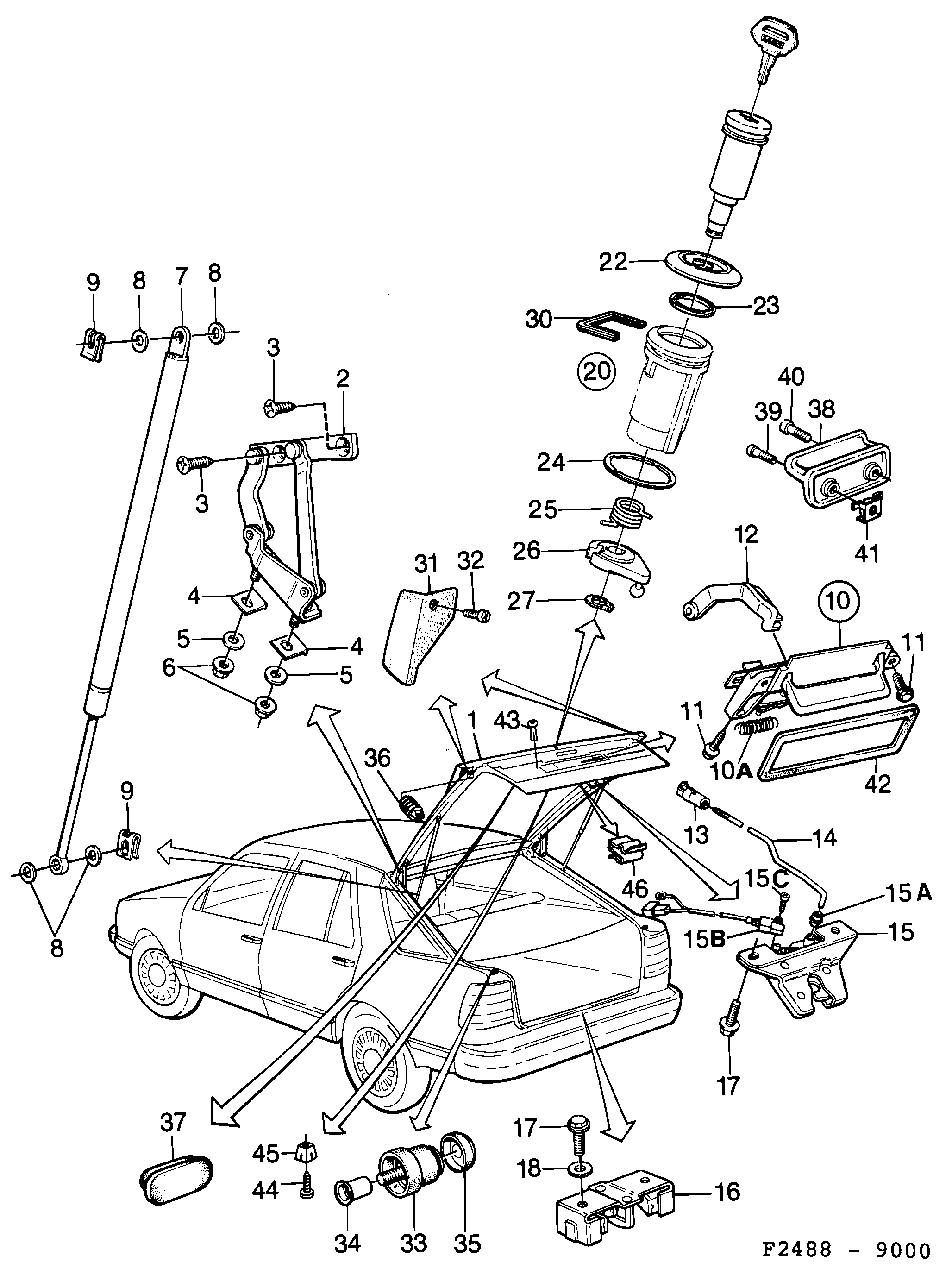 Saab 9000 Trunk door, hinges Lock diagram