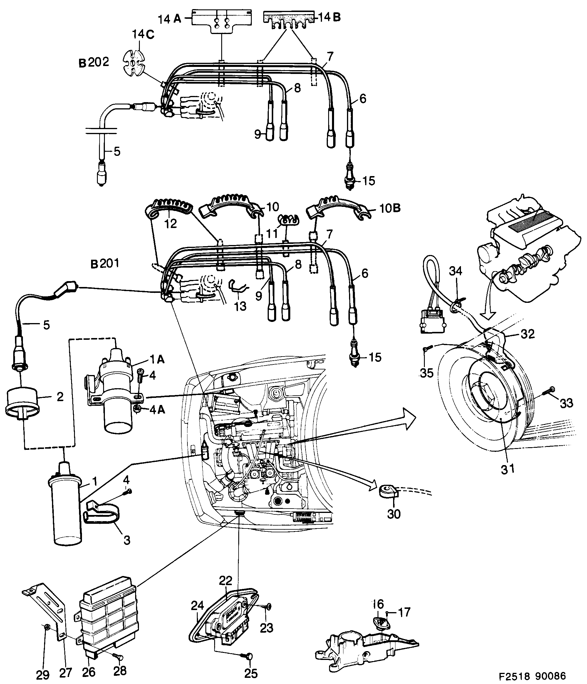 Saab 900 Ignition coil, cables, spark plugs etc diagram