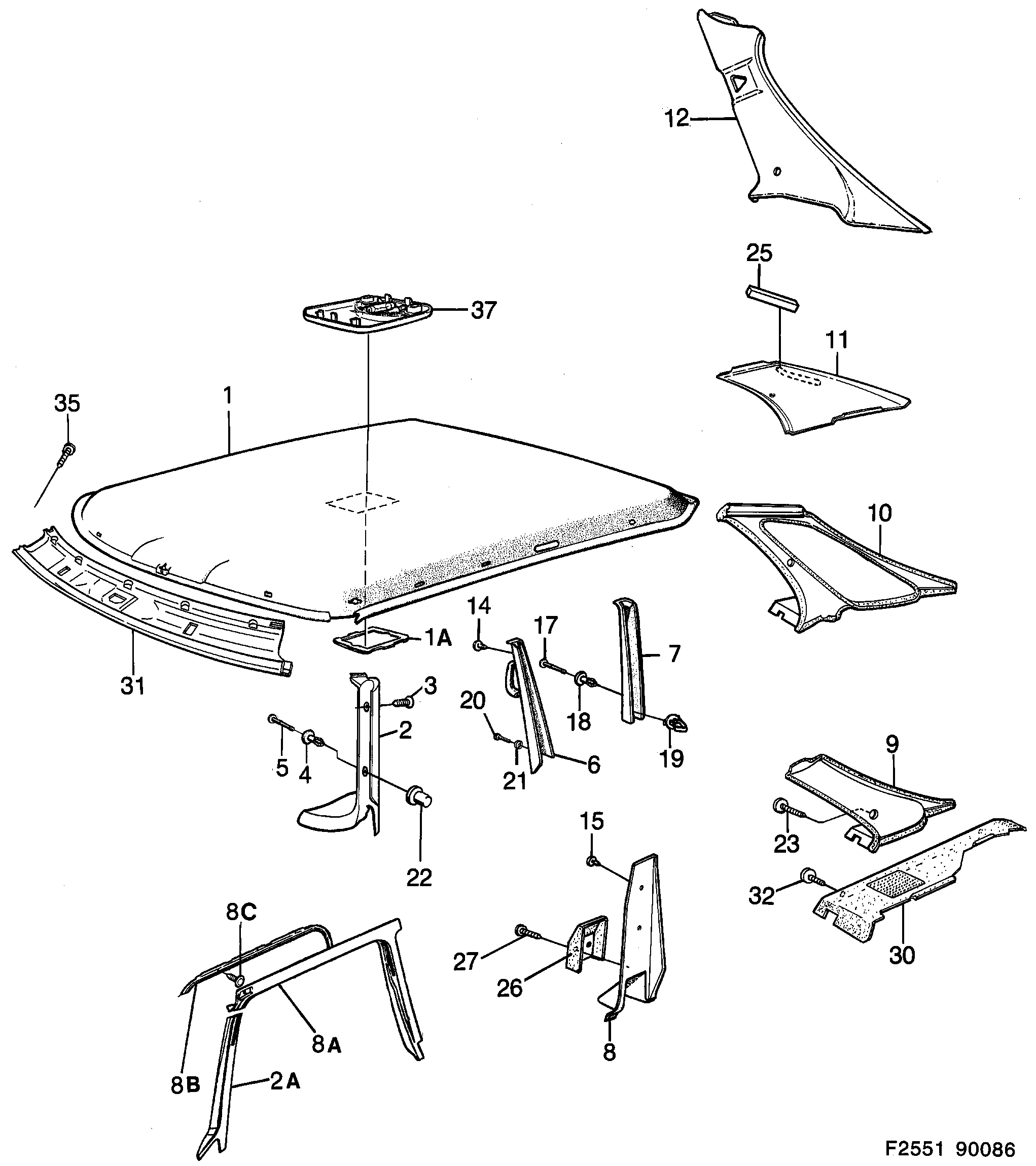 Saab 900 Head- and pillar lining diagram
