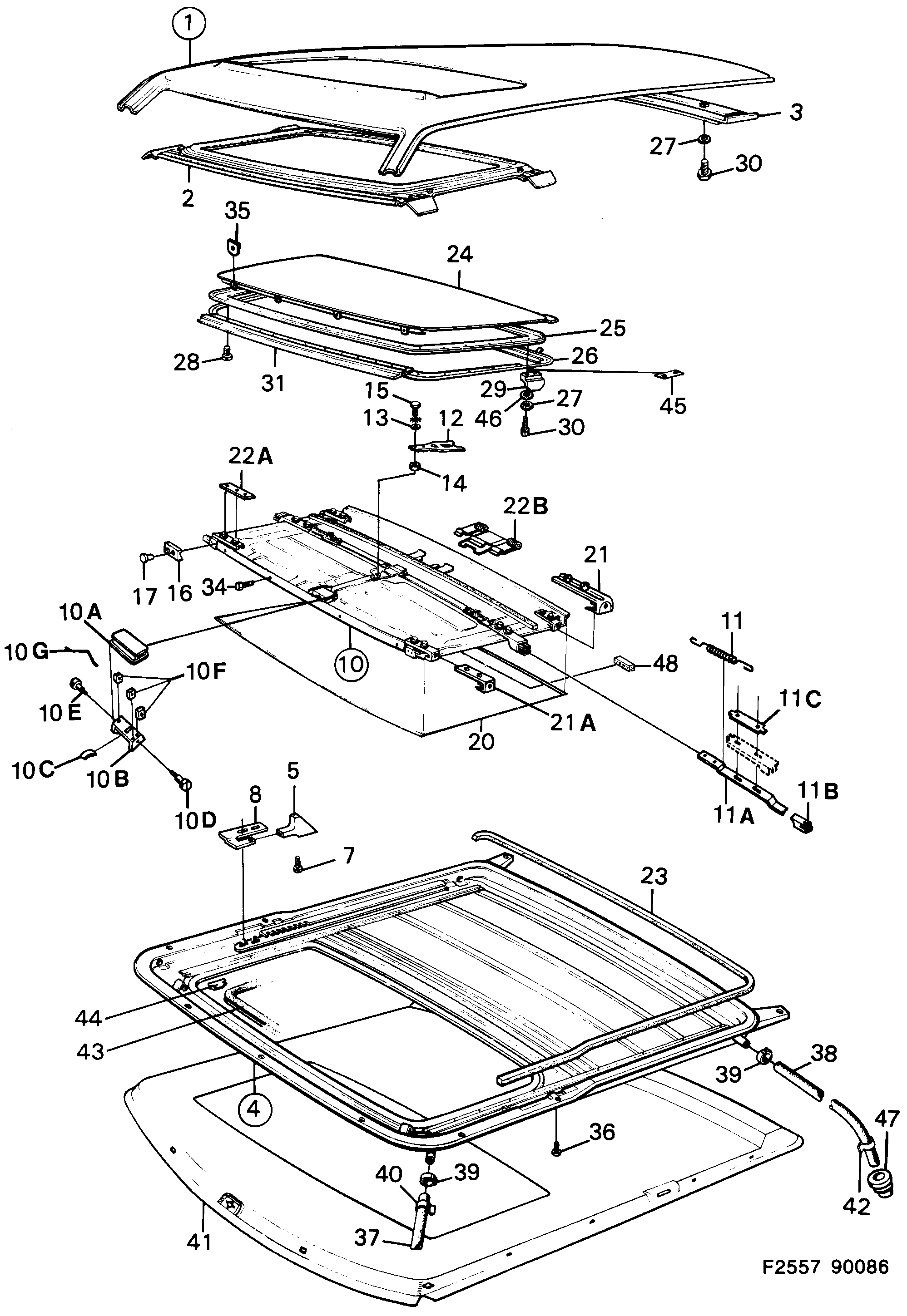Saab 900 Sun roof Hand-operated diagram