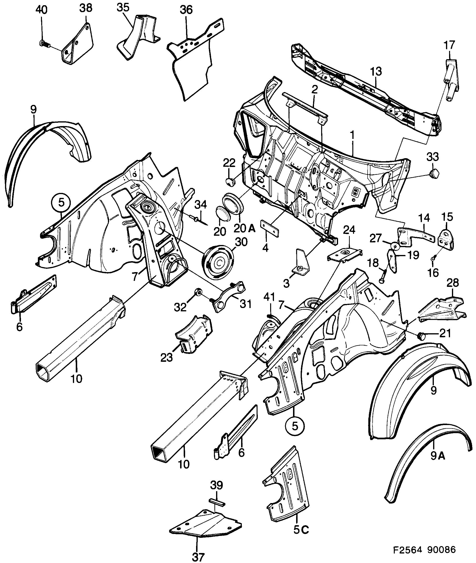 Saab 900 Cowl plate Wheel housing, front diagram