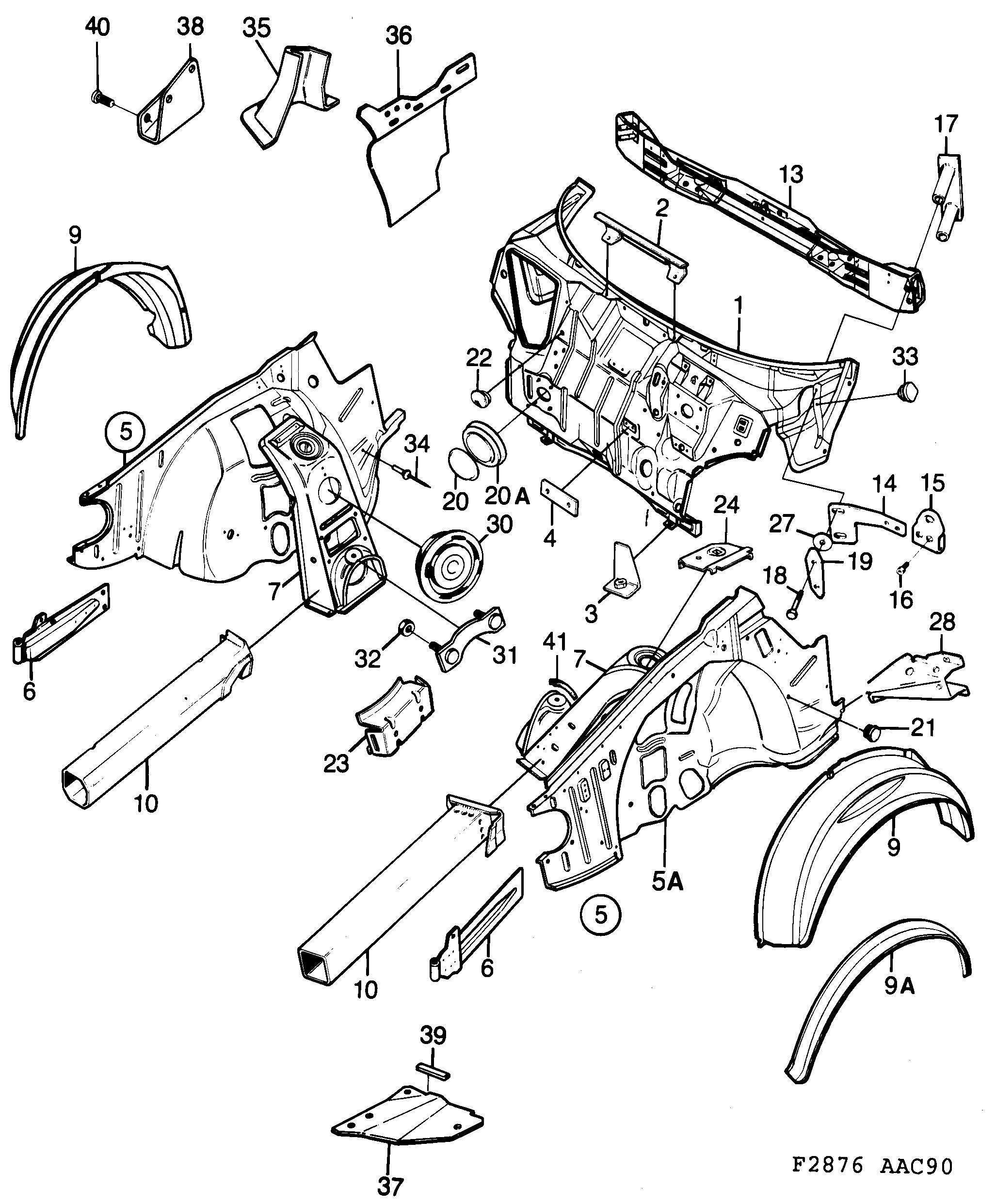 Saab 900 Cowl plate Wheel housing, front diagram